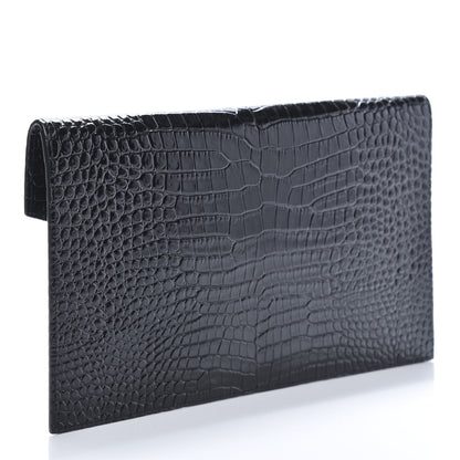 Saint Laurent Calfskin Crocodile Embossed Uptown Monogram Clutch Black 3 of 8