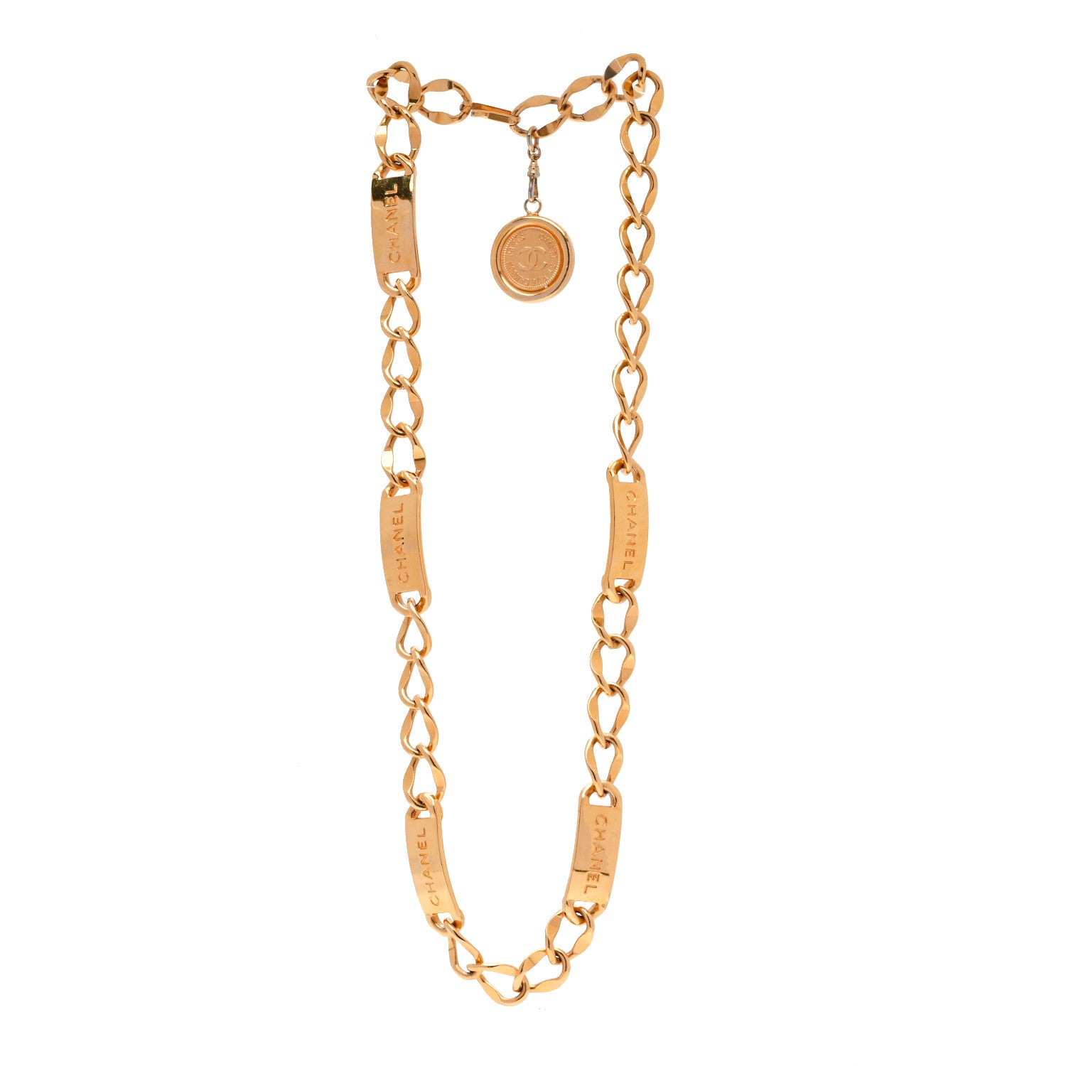 Chanel Metal Chain Link Logo Plate CC Medallion Necklace Gold 3 of 5