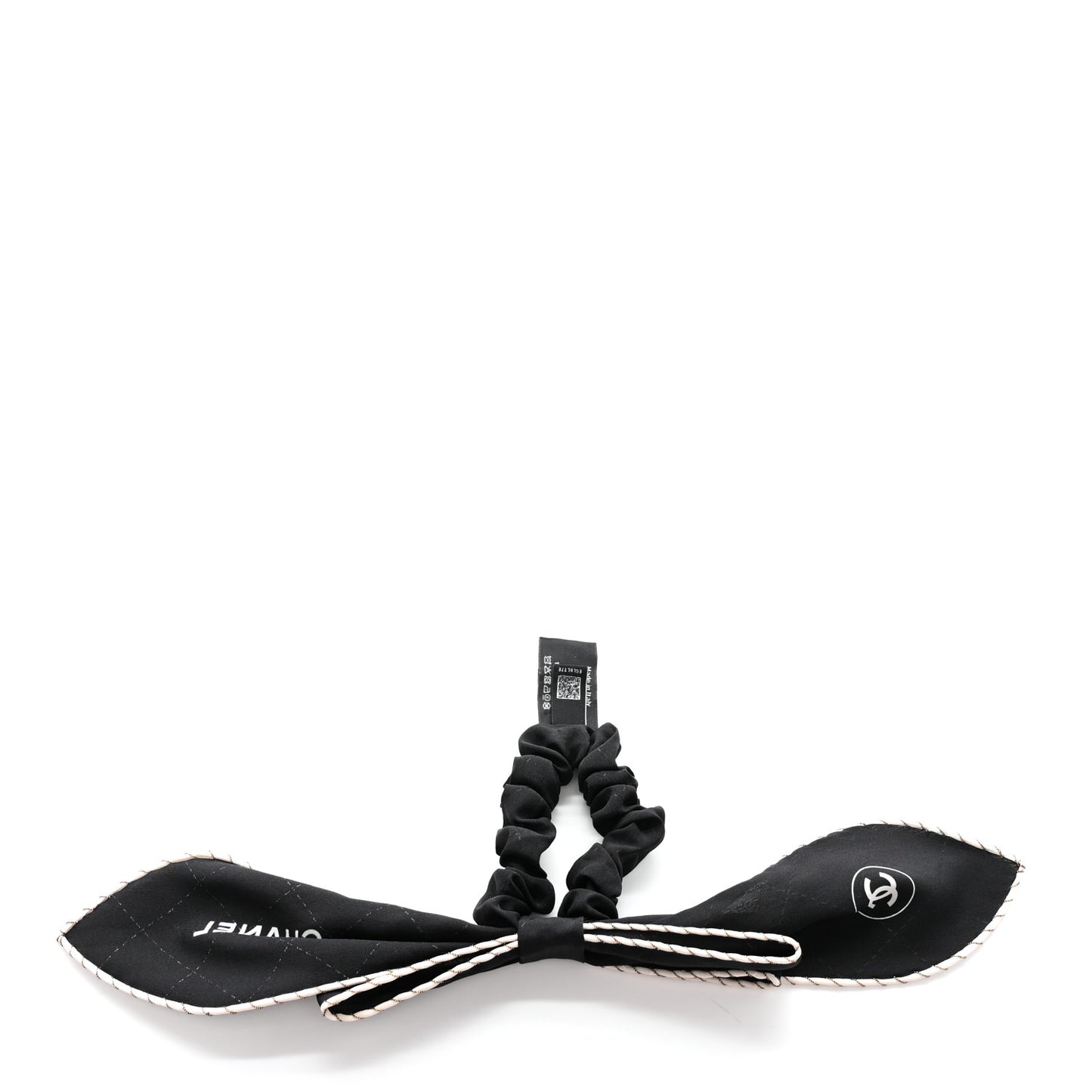 Silk CC Bow Hair Tie Black Ecru