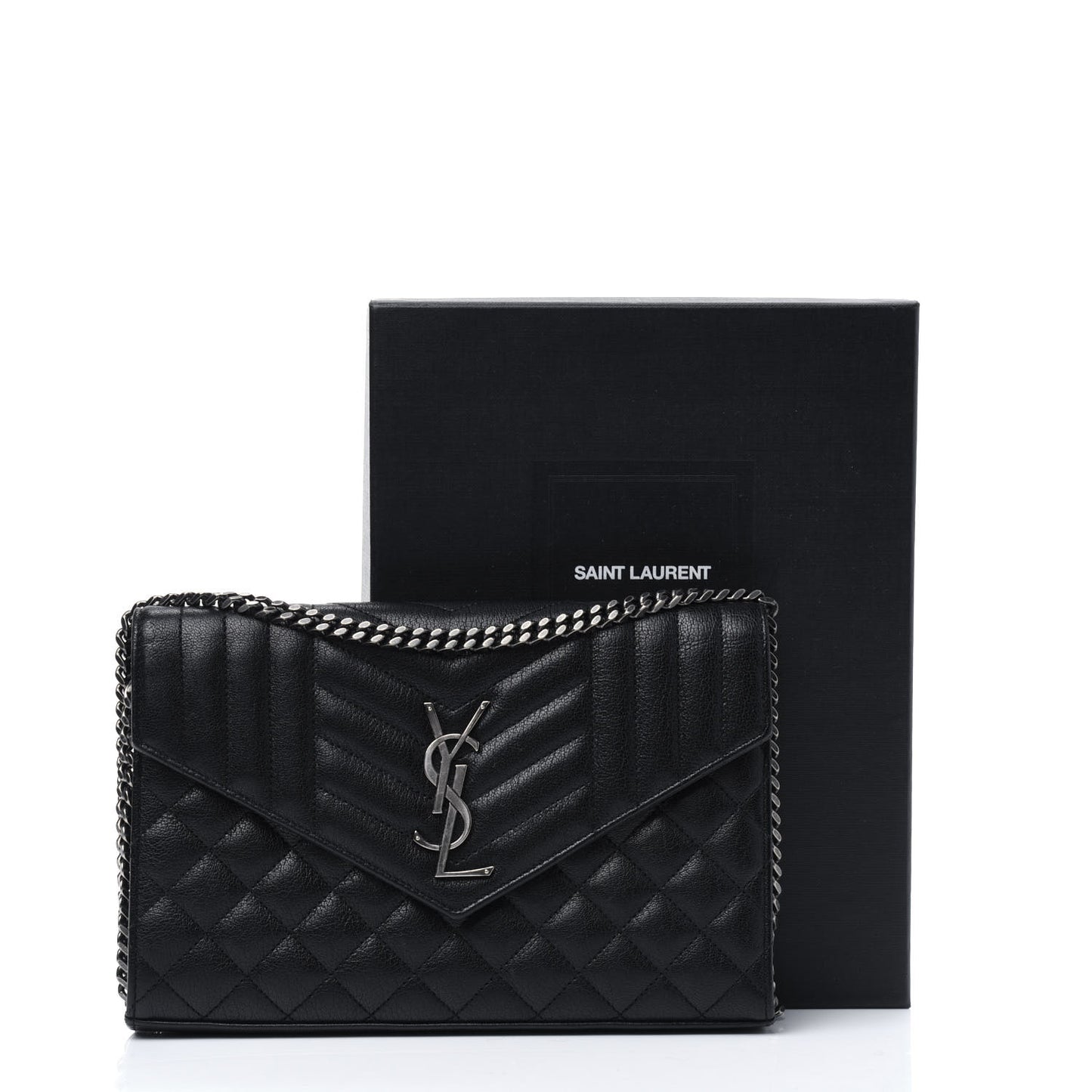 Sheepskin Tri-Quilt Monogram Envelope Chain Wallet Black