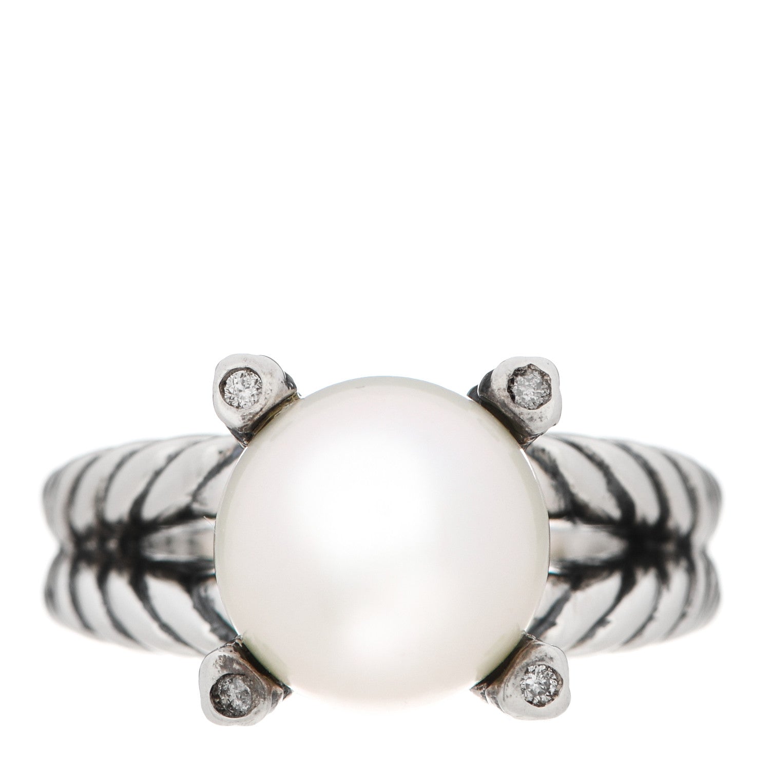 David Yurman Sterling Silver Diamond Pearl 10mm Cable Ring 51 5.75 1 of 5