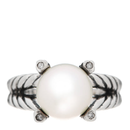 David Yurman Sterling Silver Diamond Pearl 10mm Cable Ring 51 5.75 1 of 5