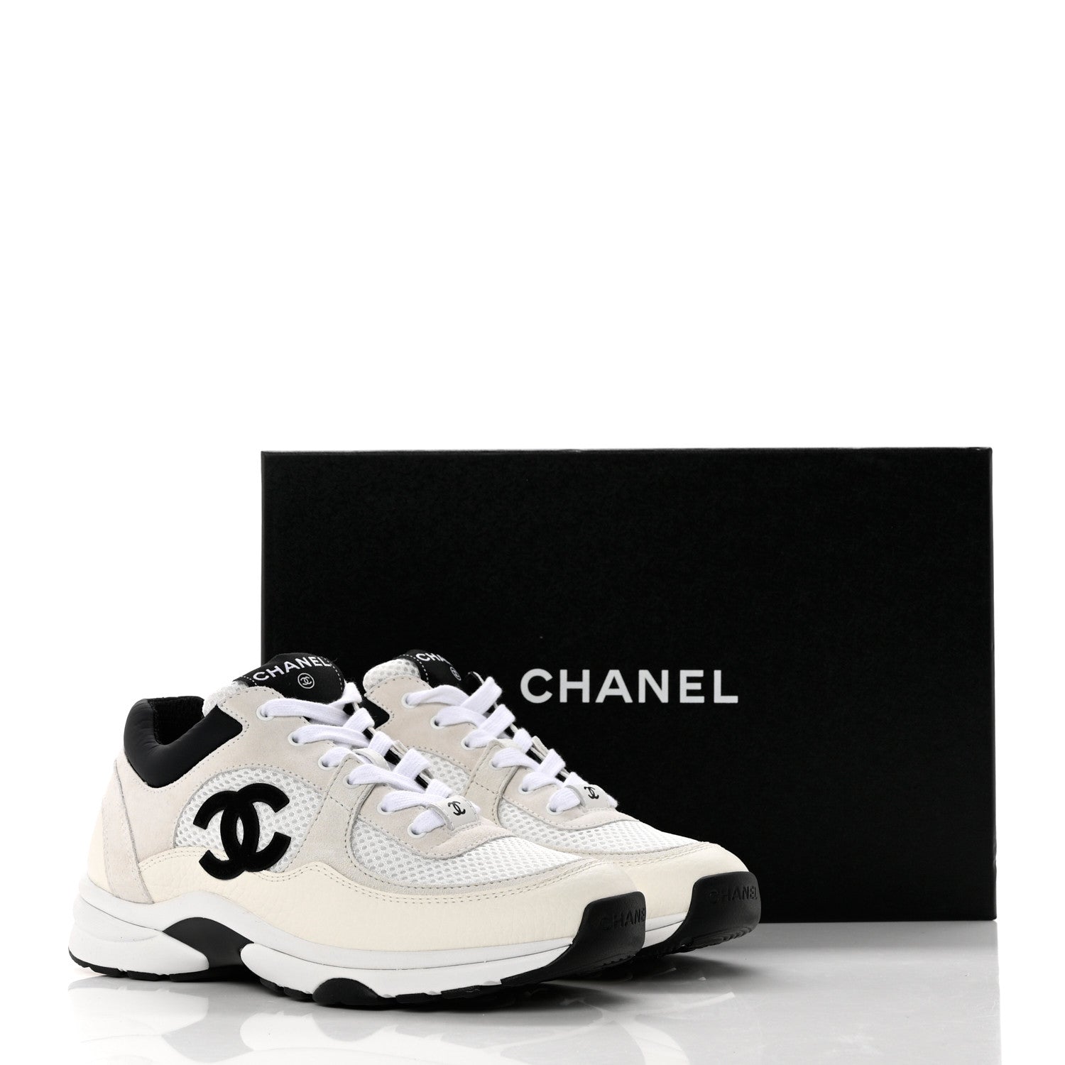 Chanel Mesh Suede Calfskin Grained Calfskin Womens CC Sneakers 37 White Black 8 of 8