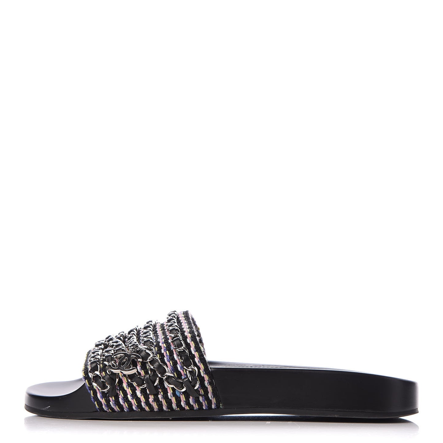 Tweed Lambskin Chain Flat Sandals 37 Black Multicolor