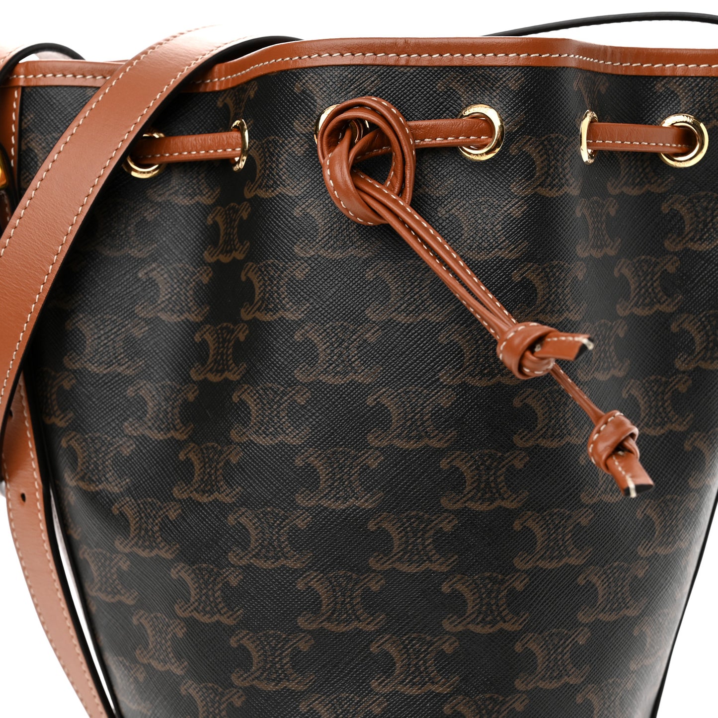 Triomphe Canvas Calfskin Small Drawstring Bucket Bag Tan