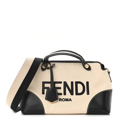 Fendi Canvas Vitello King Logo Embroidered Medium By The Way Boston Bag Grezzo Black 1 of 10