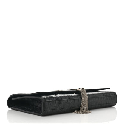 Saint Laurent Calfskin Crocodile Embossed Classic Monogram Tassel Clutch Black 4 of 9