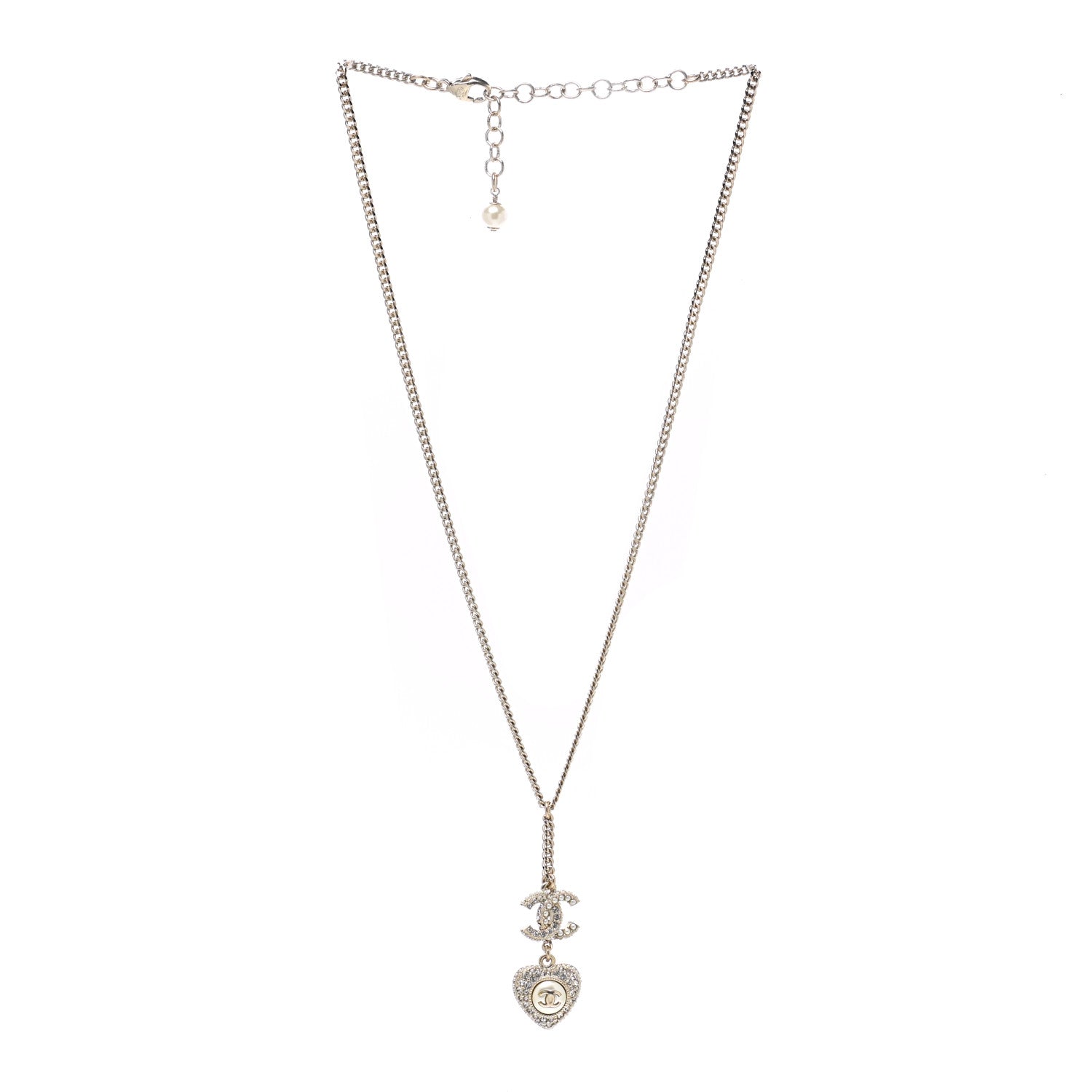 Chanel Pearl Crystal CC Heart Necklace Pearly White Gold 3 of 5