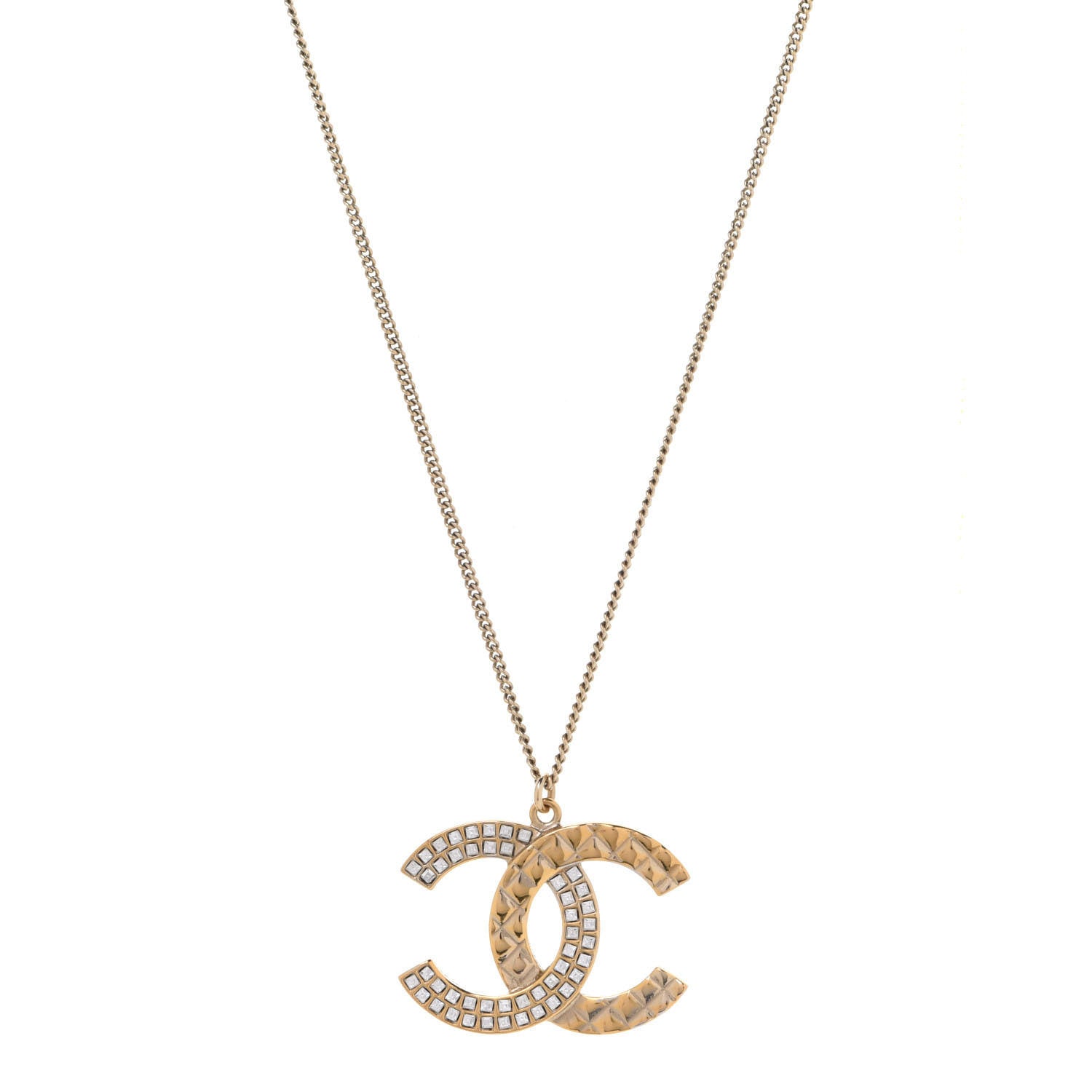 Chanel Baguette Crystal Quilted CC Pendant Necklace Gold 1 of 5