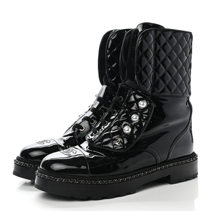 Chanel Patent Calfskin Pearl Combat Ankle Boots 39 Black 3 of 8