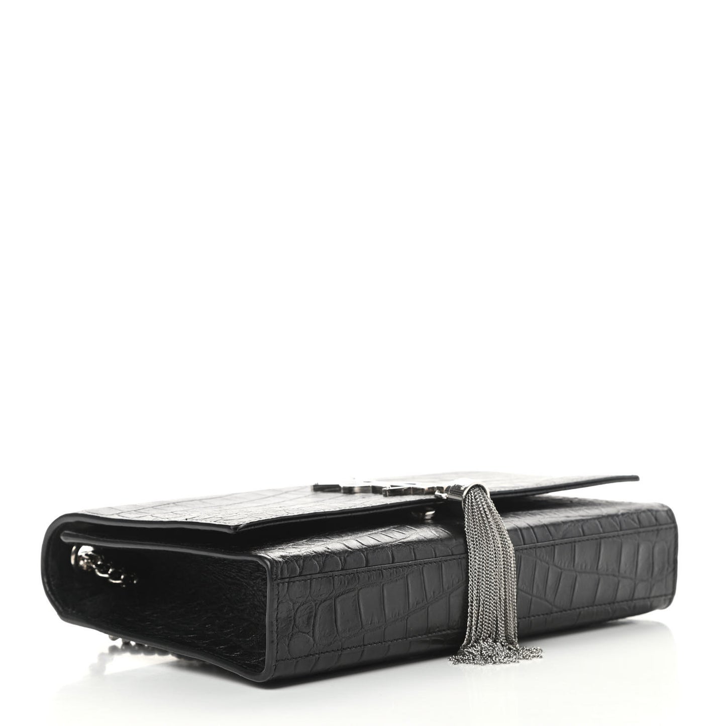 Calfskin Crocodile Embossed Medium Classic Monogram Kate Tassel Satchel Black