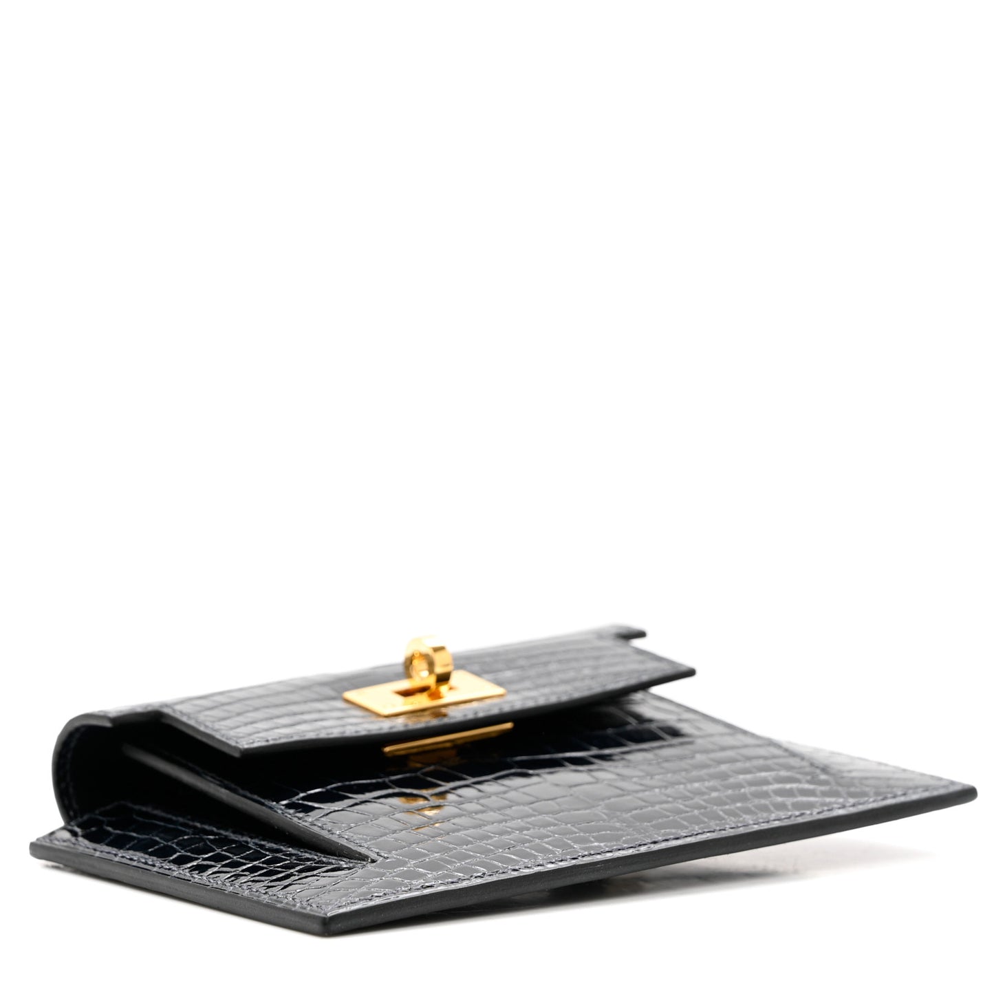 Shiny Alligator Kelly Pocket Compact Wallet Bleu Baltique