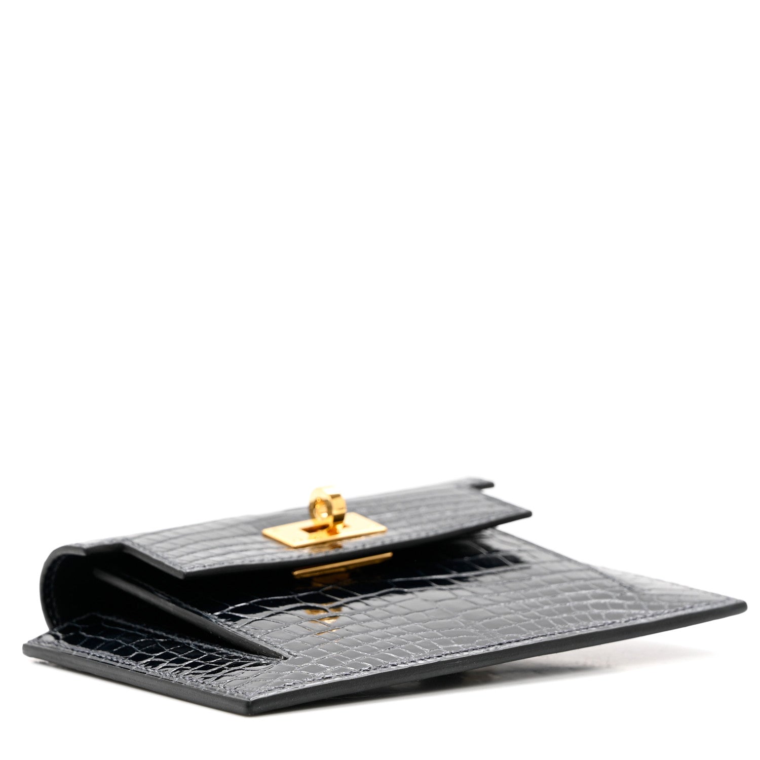 Hermes Shiny Alligator Kelly Pocket Compact Wallet Bleu Baltique 4 of 8