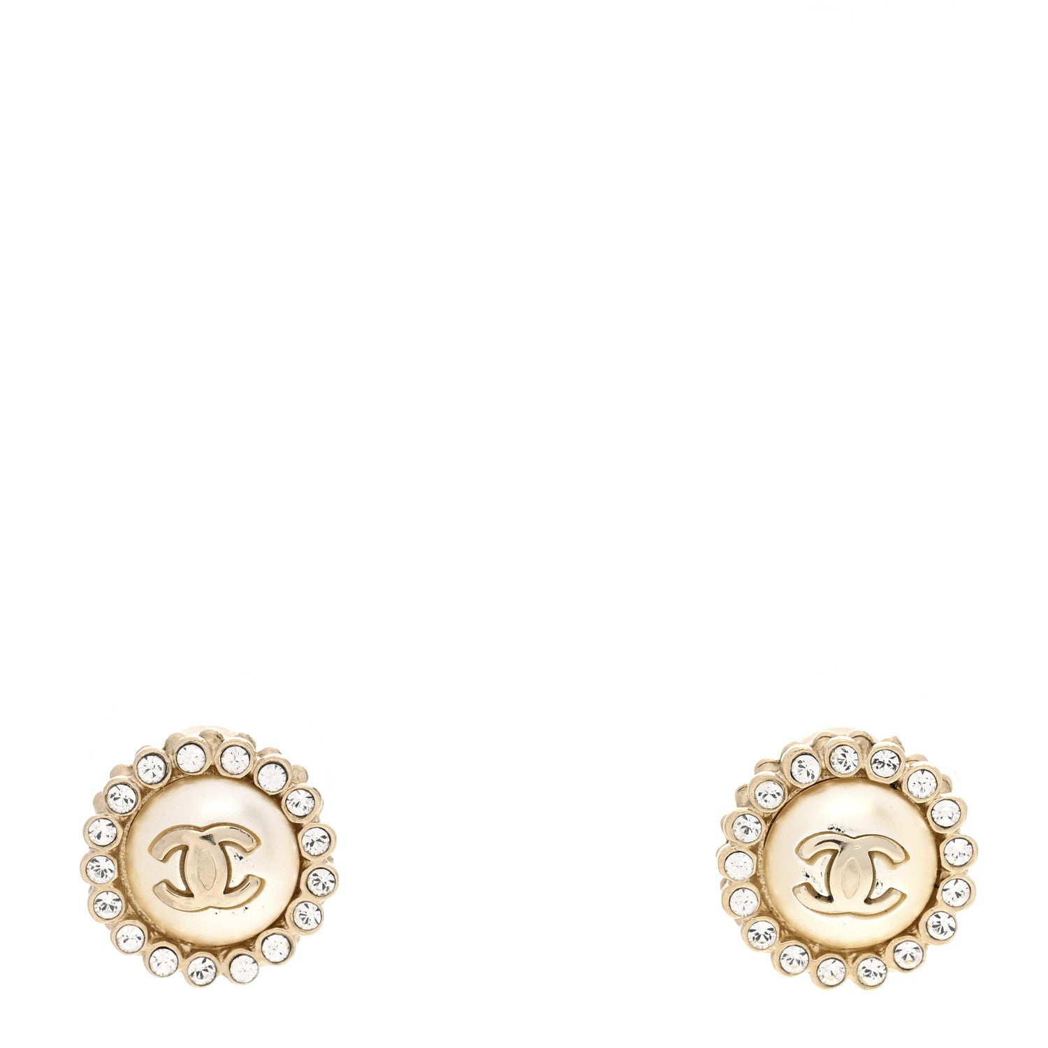 Chanel Pearl Crystal CC Round Earrings Light Gold 1 of 5