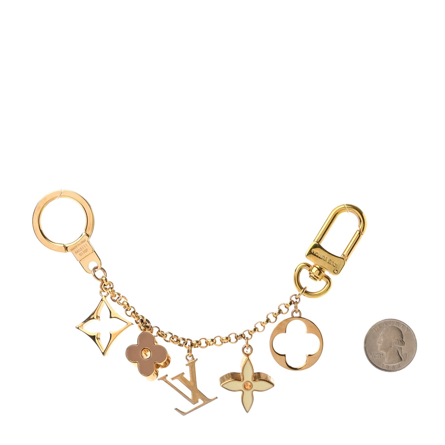 Brass Enamel Fleur De Monogram Bag Charm Chain Gold