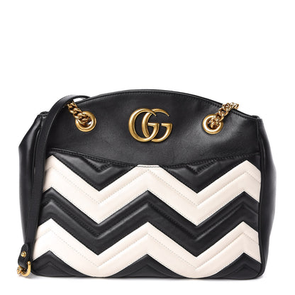 Gucci Calfskin Matelasse Medium GG Marmont Open Top Shoulder Bag Black White 1 of 9