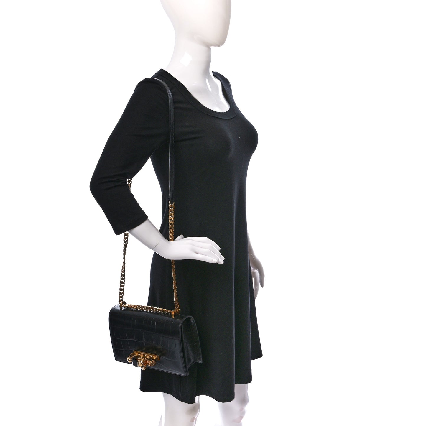 Shiny Crocodile Embossed Jeweled Satchel Black