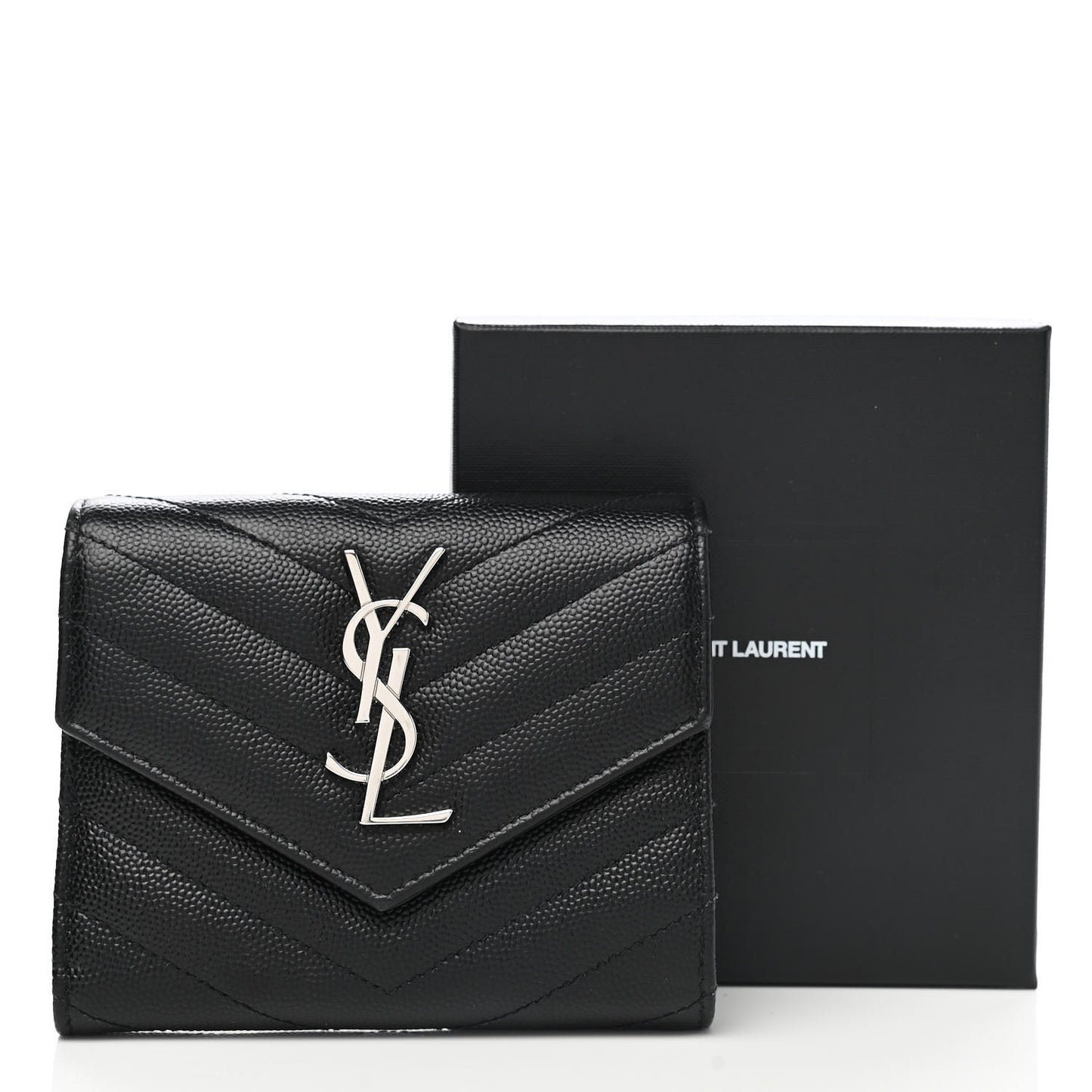 Grain De Poudre Matelasse Chevron Monogram Compact Tri Fold Wallet Black