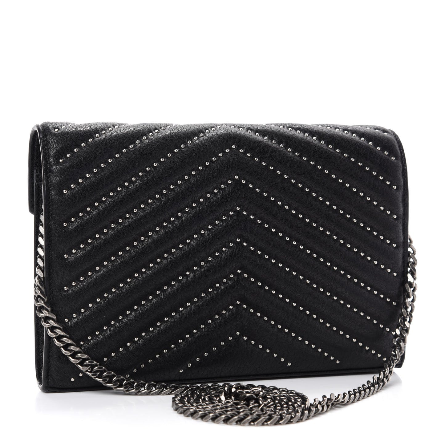 Sheepskin Matelasse Chevron Studded Monogram Chain Wallet Black