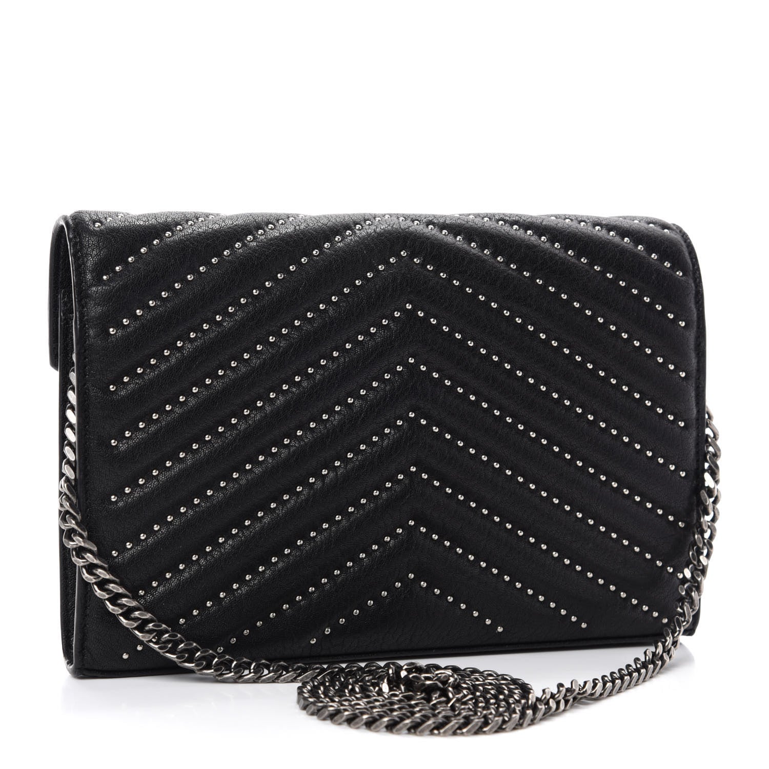 Saint Laurent Sheepskin Matelasse Chevron Studded Monogram Chain Wallet Black 3 of 10