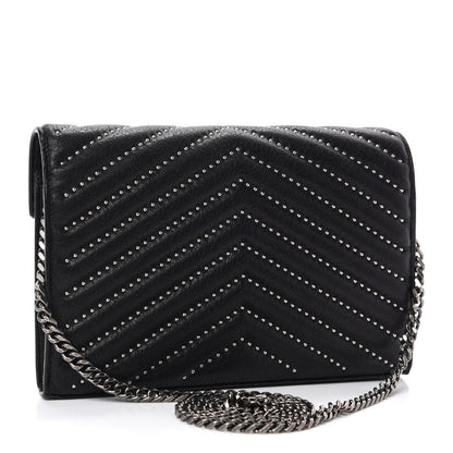 Saint Laurent Sheepskin Matelasse Chevron Studded Monogram Chain Wallet Black 3 of 10