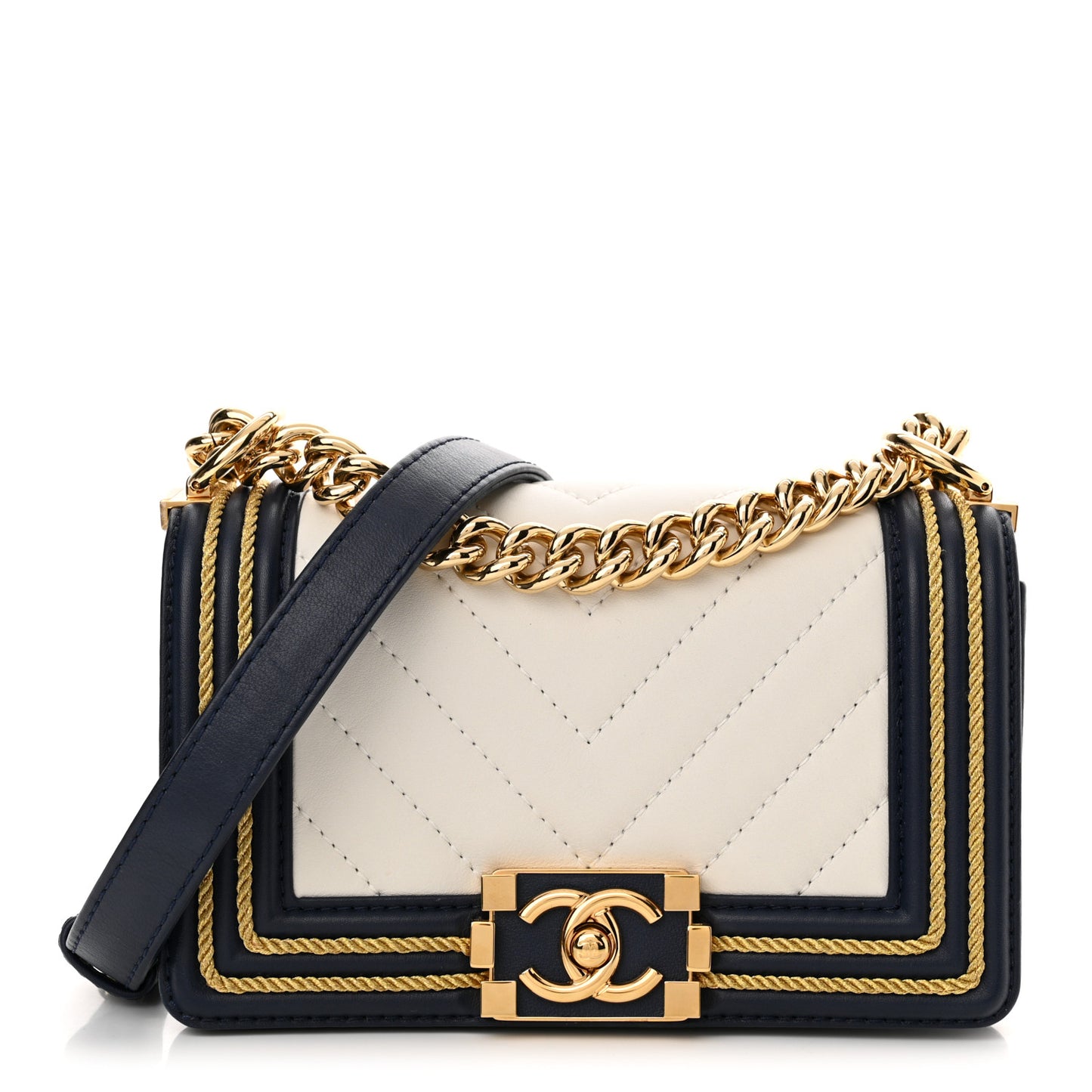 Calfskin Chevron Quilted Braided Small Boy Flap White Navy