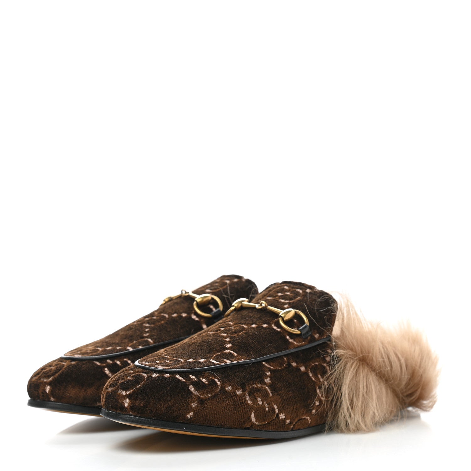 Gucci Velvet GG Monogram Fur Womens Princetown Slippers 38.5 Brown Black Natural 3 of 8
