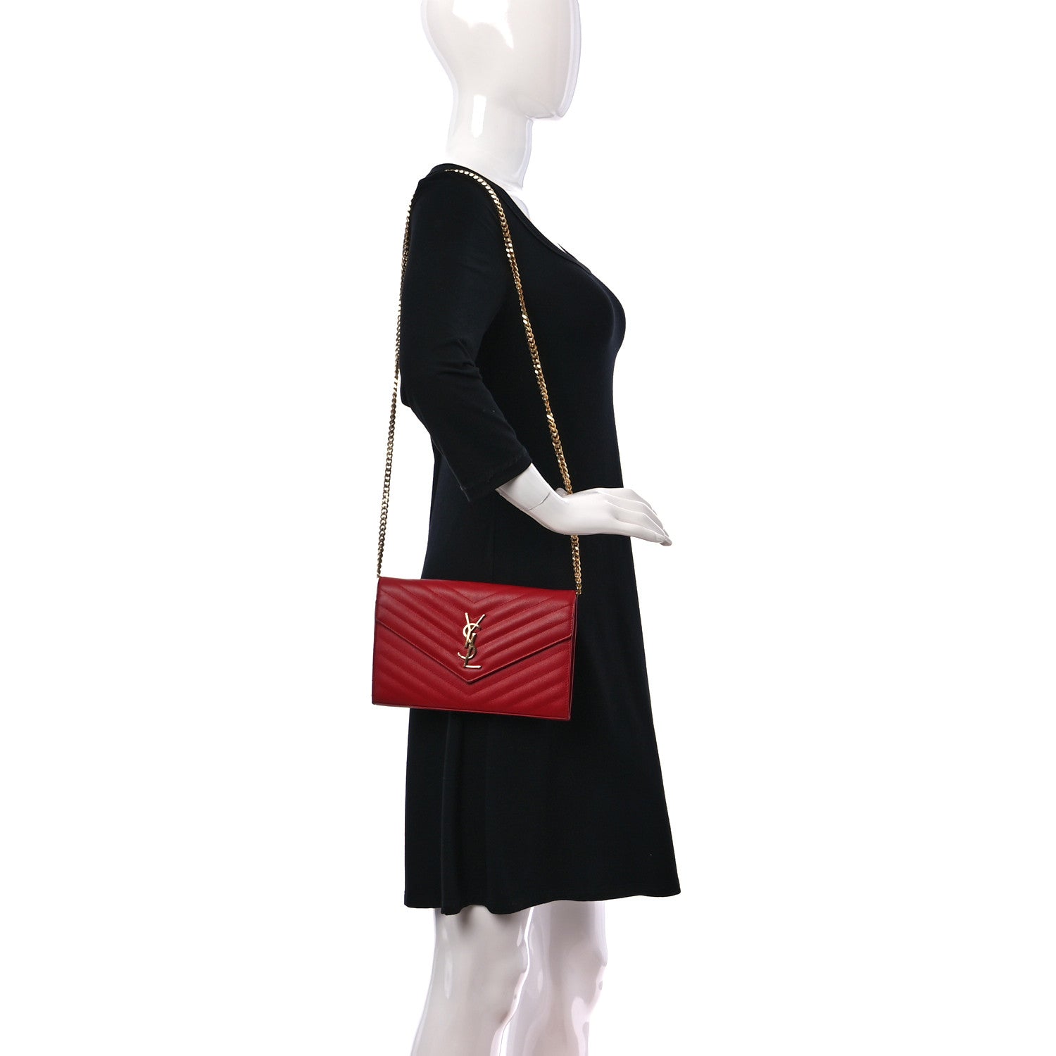 Saint Laurent Grain De Poudre Matelasse Chevron Monogram Chain Wallet Rouge Eros 2 of 11
