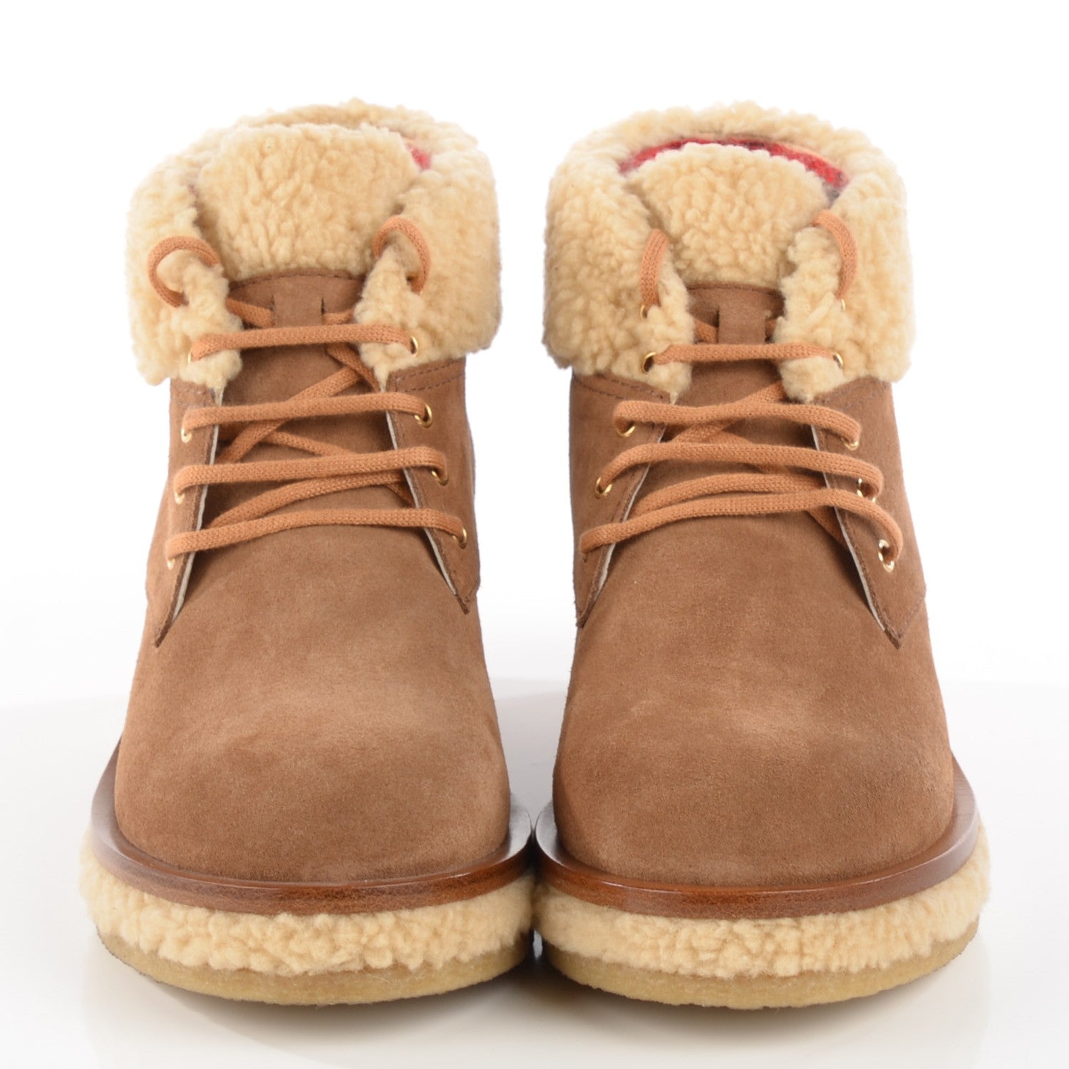 Chanel Shearling Suede Calfskin Lace Up Ankle Boots 37 Brown Beige 2 of 8