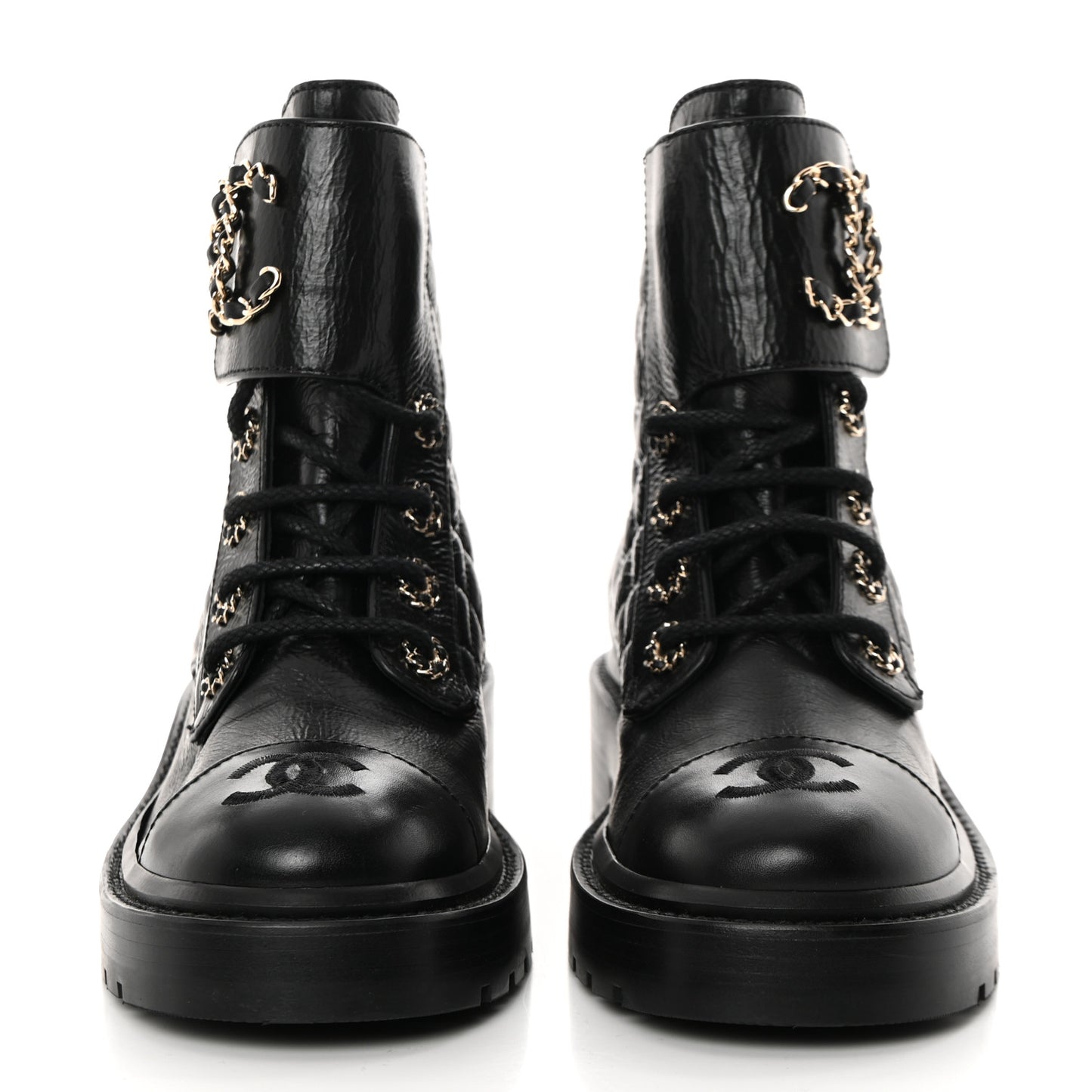 Shiny Goatskin Calfskin Quilted Lace Up Combat Boots 35.5 Black