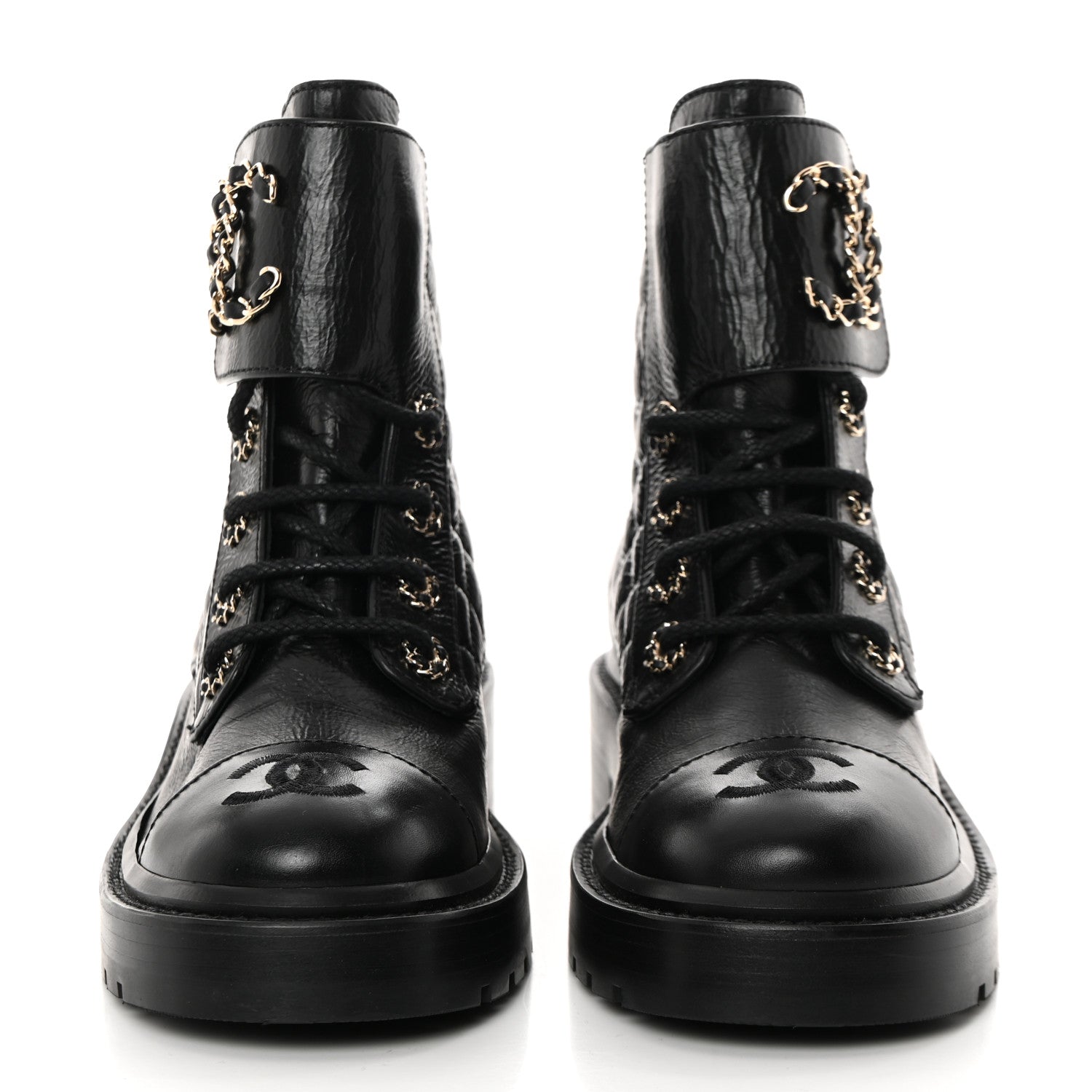 Chanel Shiny Goatskin Calfskin Quilted Lace Up Combat Boots 35.5 Black 2 of 10