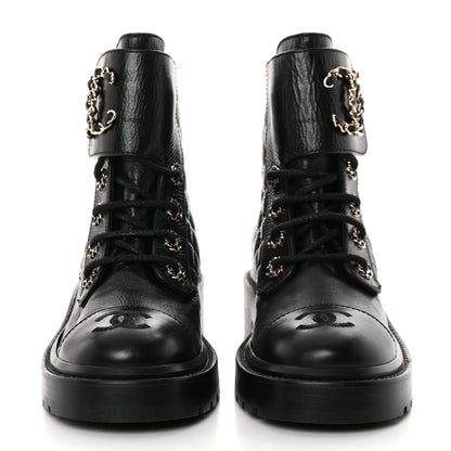 Chanel Shiny Goatskin Calfskin Quilted Lace Up Combat Boots 35.5 Black 2 of 10