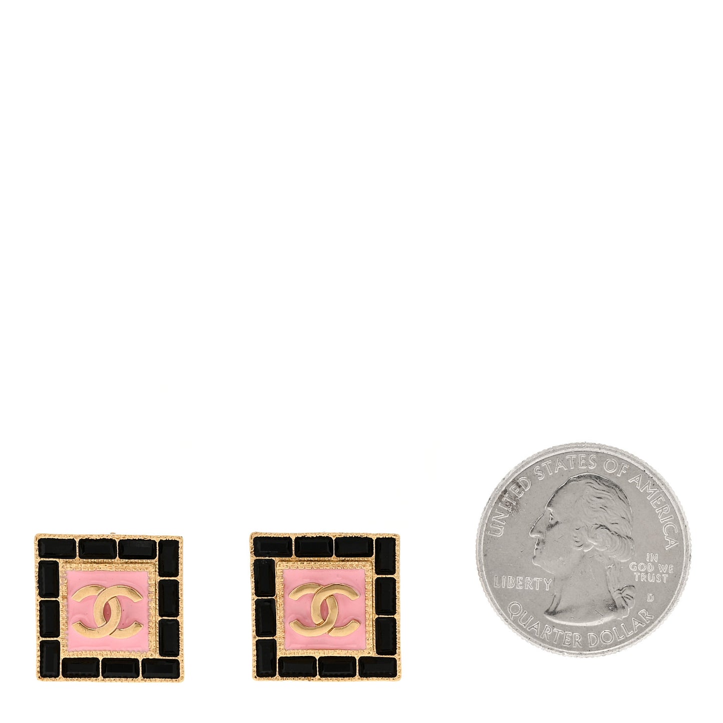 Metal Resin Crystal CC Square Earrings Gold Black Pink