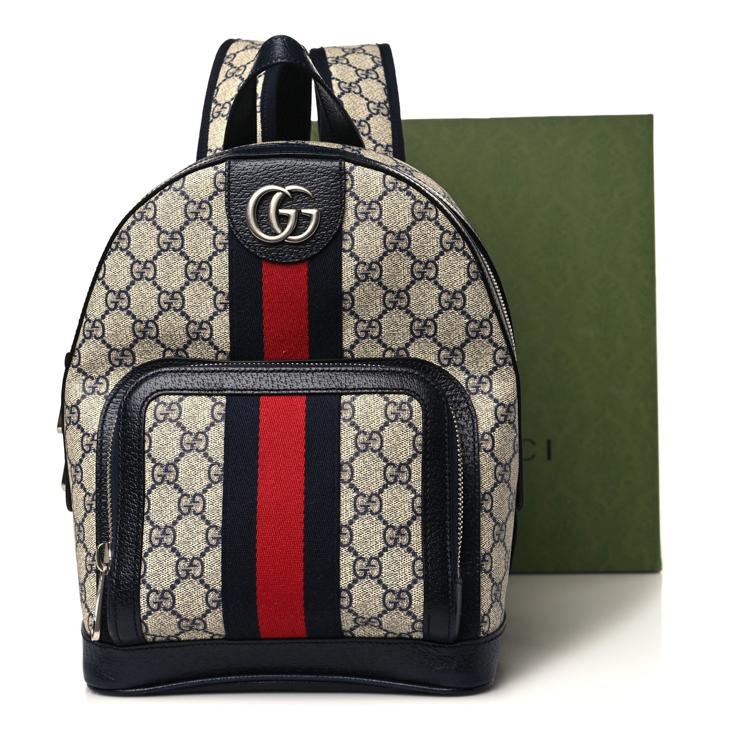 GG Supreme Monogram Textured Dollar Calfskin Web Small Ophidia Day Backpack Beige Blue Black