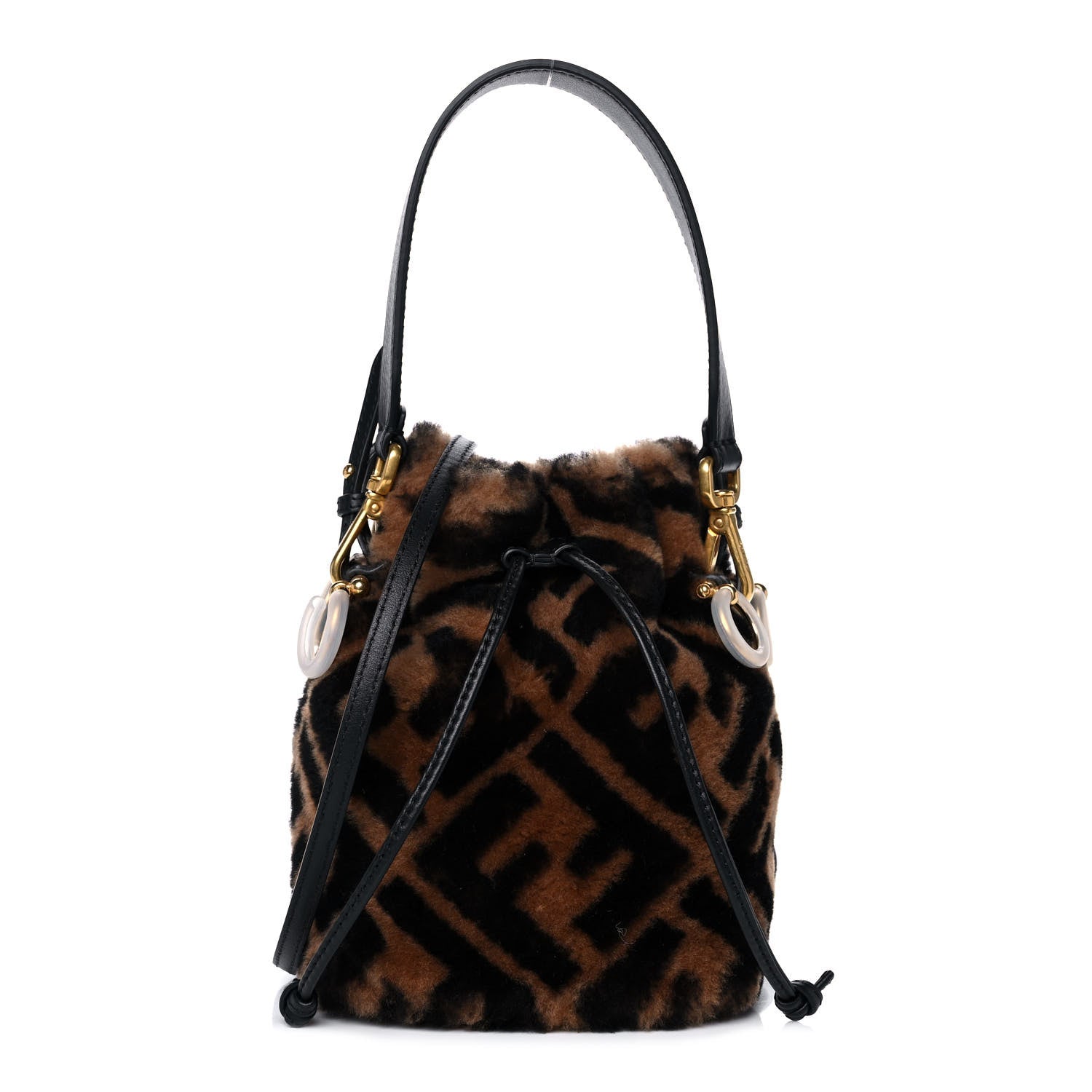 Fendi Shearling Vitello Dolce F is Fendi Macro FF 1974 Mini Mon Tresor Bucket Bag Tobacco Black 1 of 10