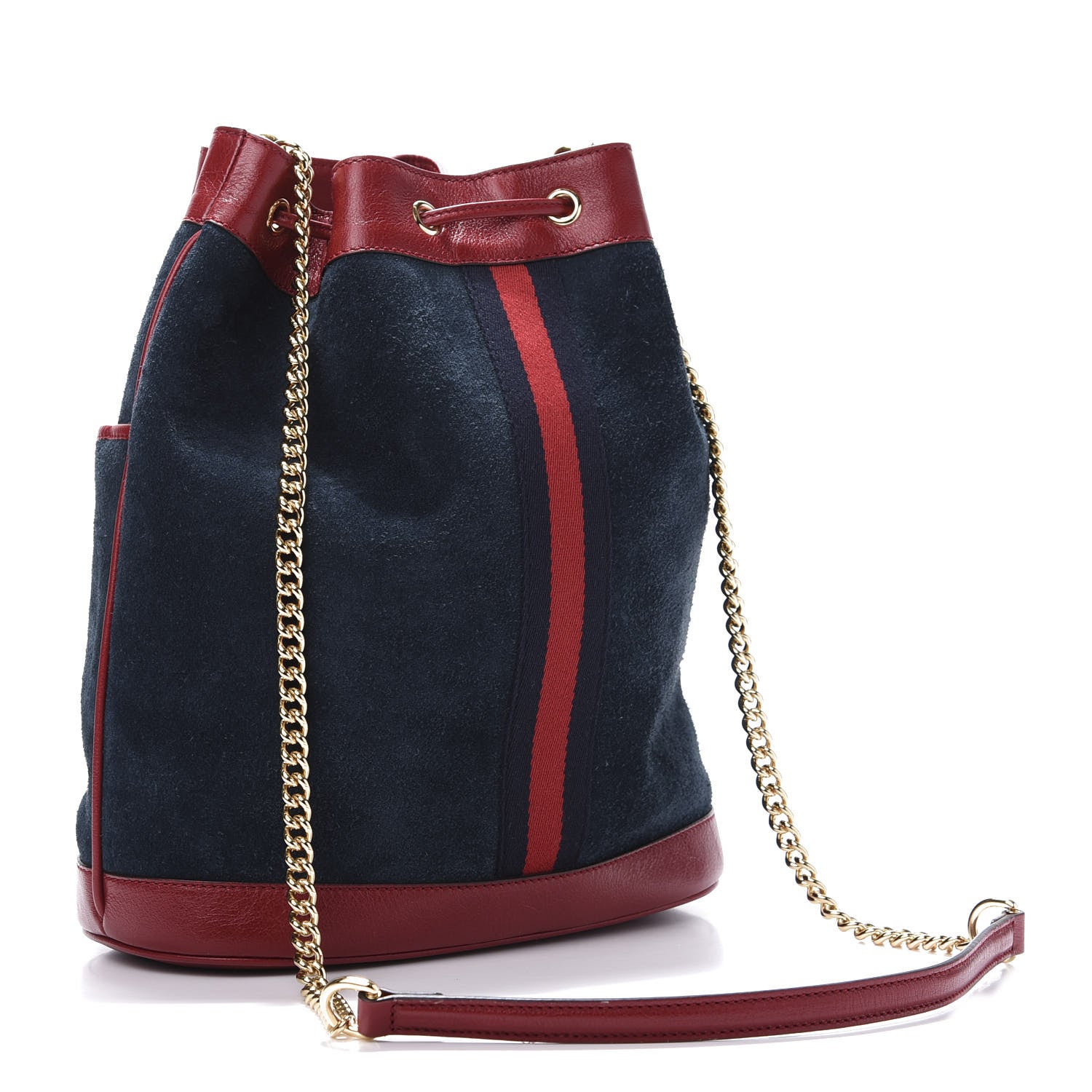 Gucci Suede Calfskin Web Medium Rajah Bucket Bag New Blue Romantic Cherry 3 of 11