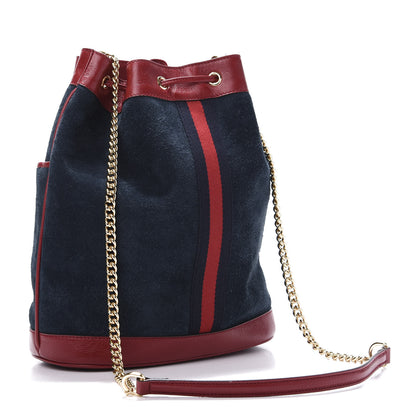 Gucci Suede Calfskin Web Medium Rajah Bucket Bag New Blue Romantic Cherry 3 of 11