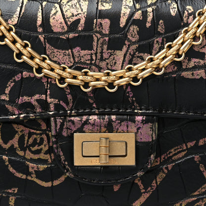 Chanel Calfskin Crocodile Embossed Graffiti 2.55 Mini Cocodile Reissue Flap Black Pink 9 of 10