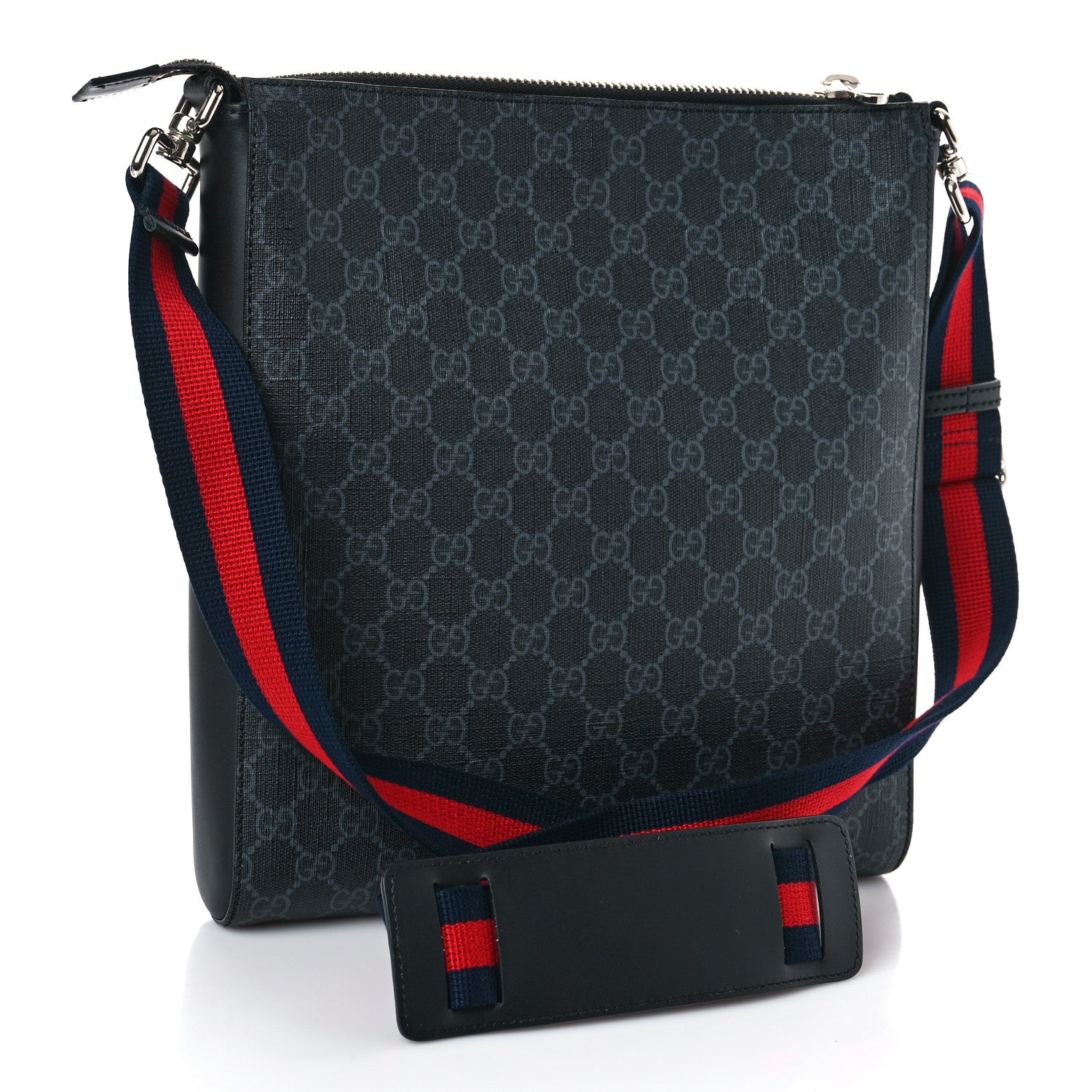 Gucci GG Supreme Monogram Appia Calfskin Web Flat Messenger Bag Black Grey 3 of 9