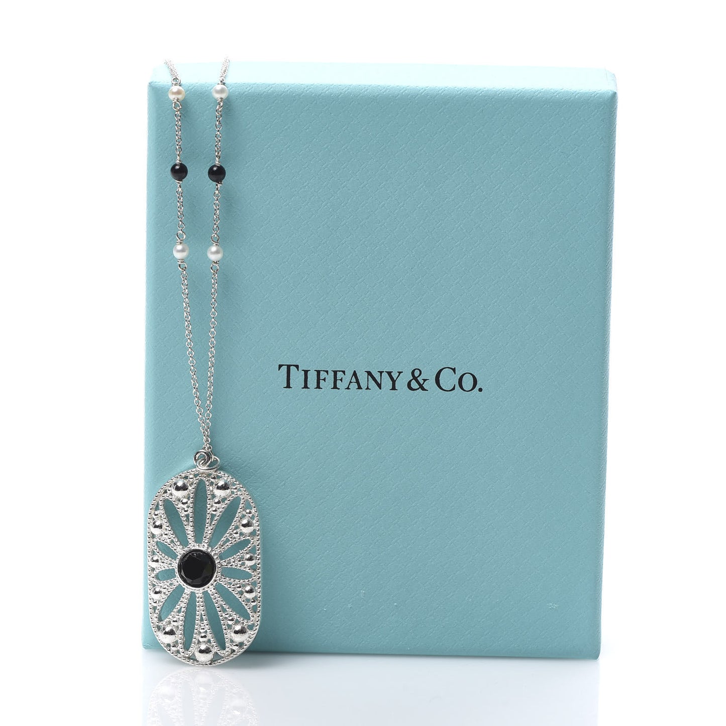 Sterling Silver Black Onyx Pearl Ziegfeld Daisy Pendant Necklace