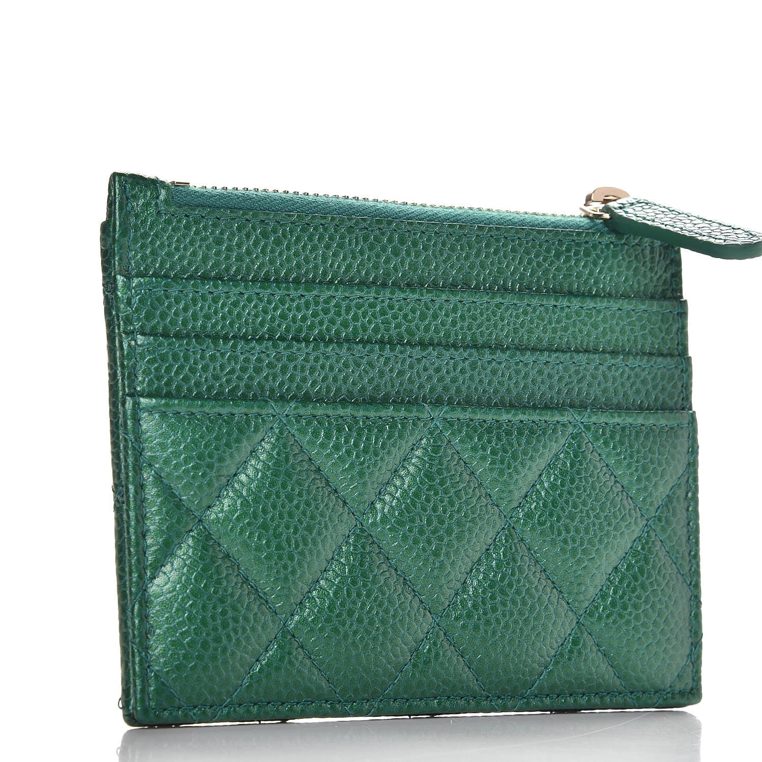 Chanel Metallic Caviar Quilted CC Zip Card Holder Green 3 of 8