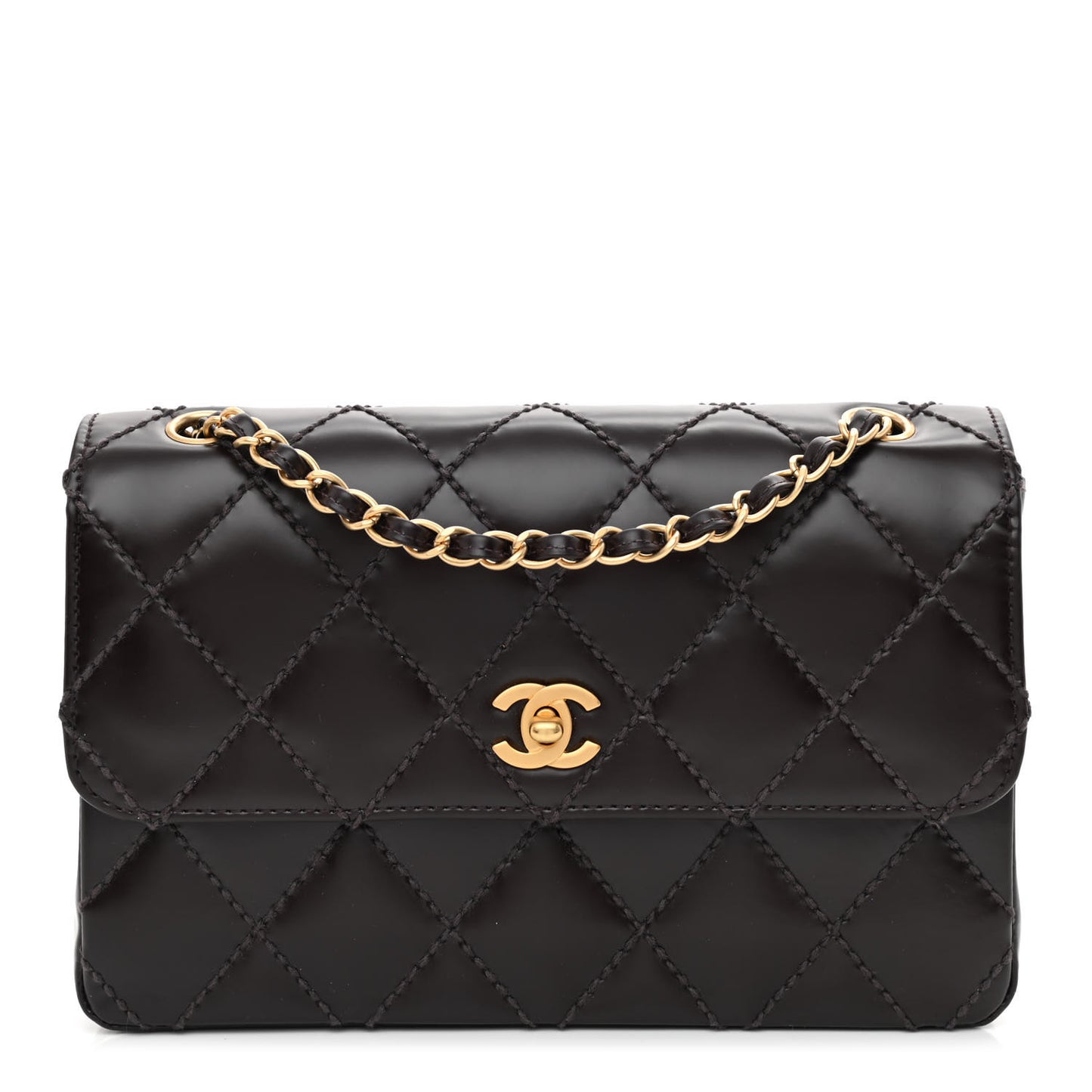 Glazed Calfskin Stitched Small Flap Brown
