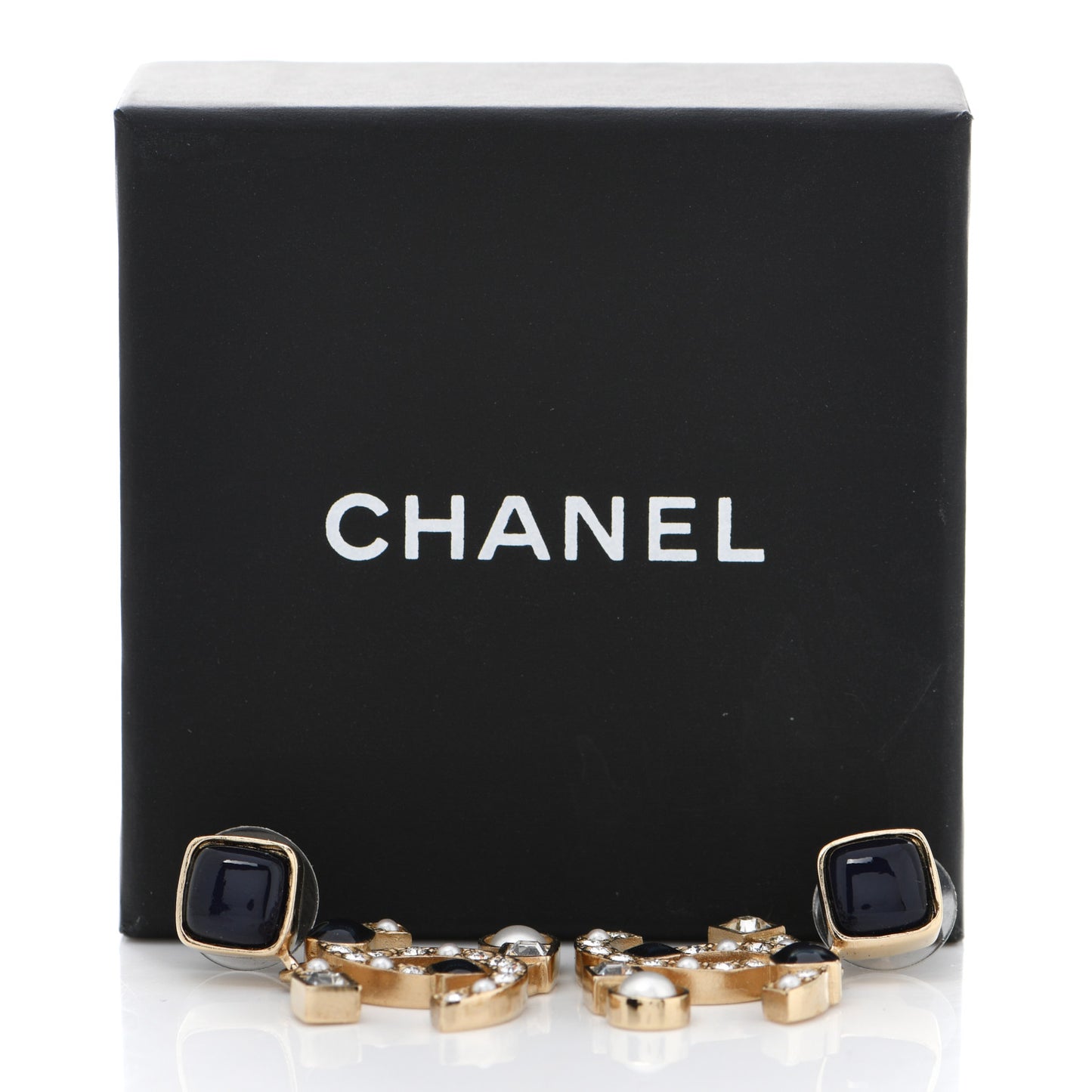 Resin Crystal Pearl CC Drop Earrings Gold Black