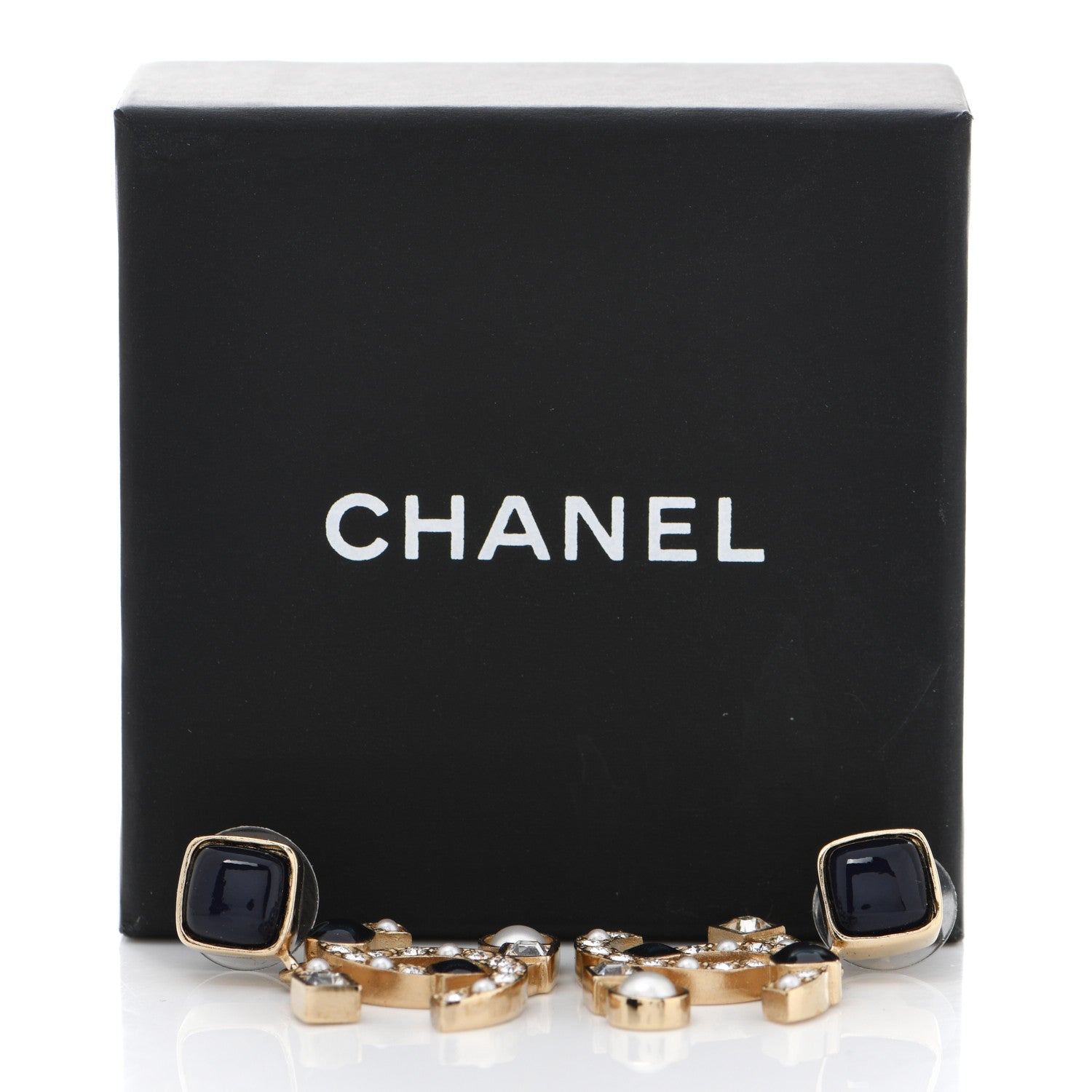 Chanel Resin Crystal Pearl CC Drop Earrings Gold Black 6 of 6