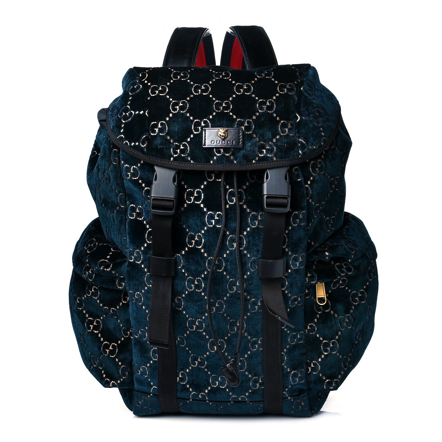 Velvet GG Monogram Web Medium Double Buckle Backpack Blue Beige Black