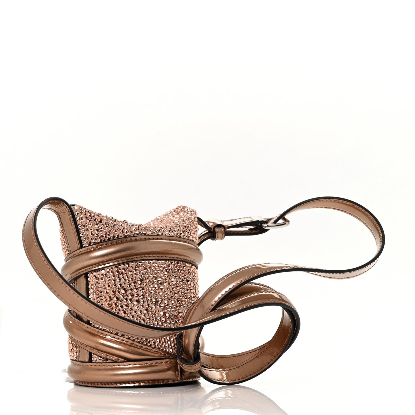Metallic Calfskin Crystal Mini Curve Bucket Bag Rose Gold