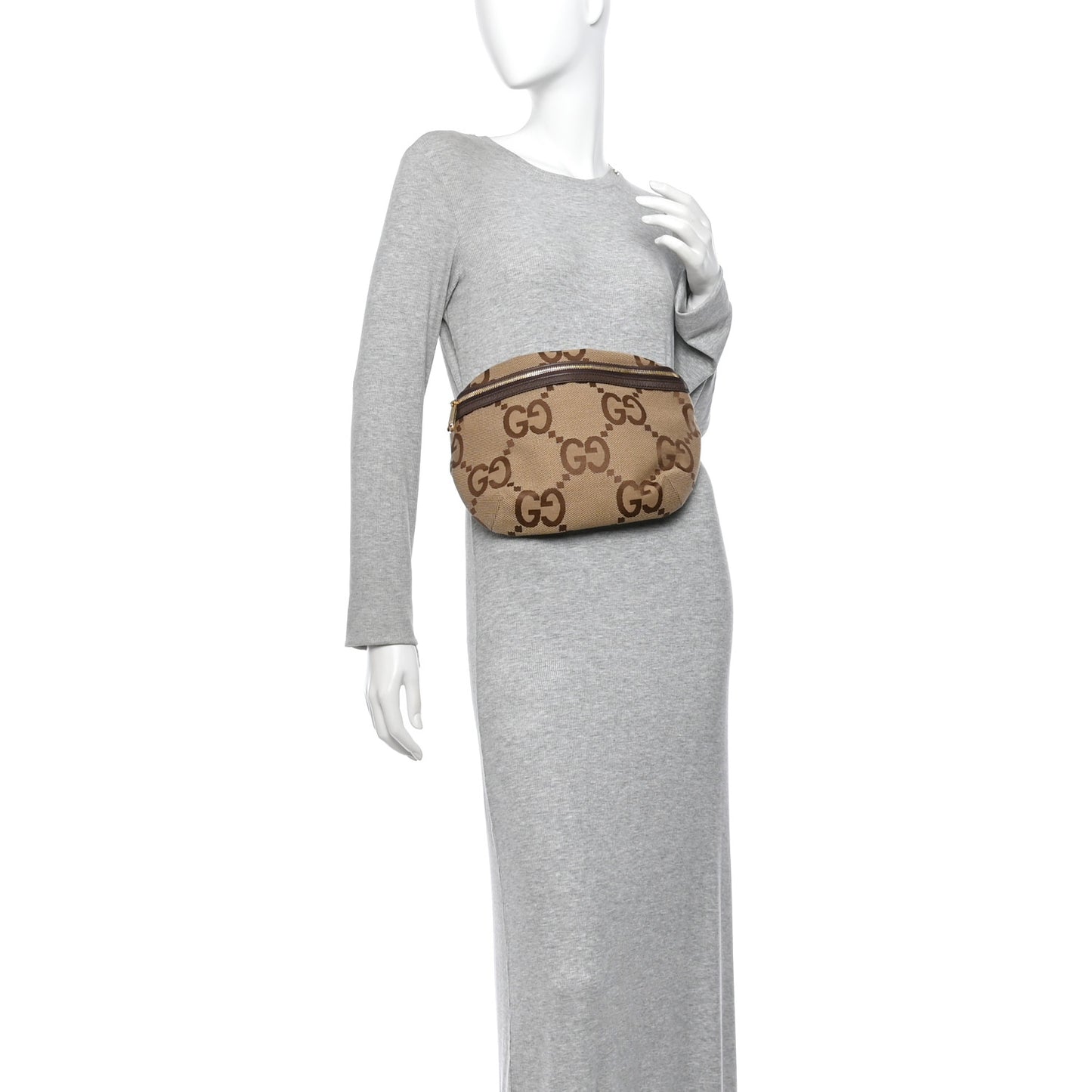 Monogram Jumbo GG Textured Dollar Calfskin Web Belt Bag Camel Ebony New Acero