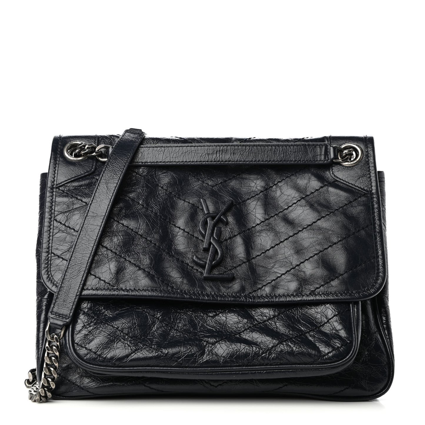 Crinkled Calfskin Matelasse Monogram Medium Niki Chain Satchel Deep Marine