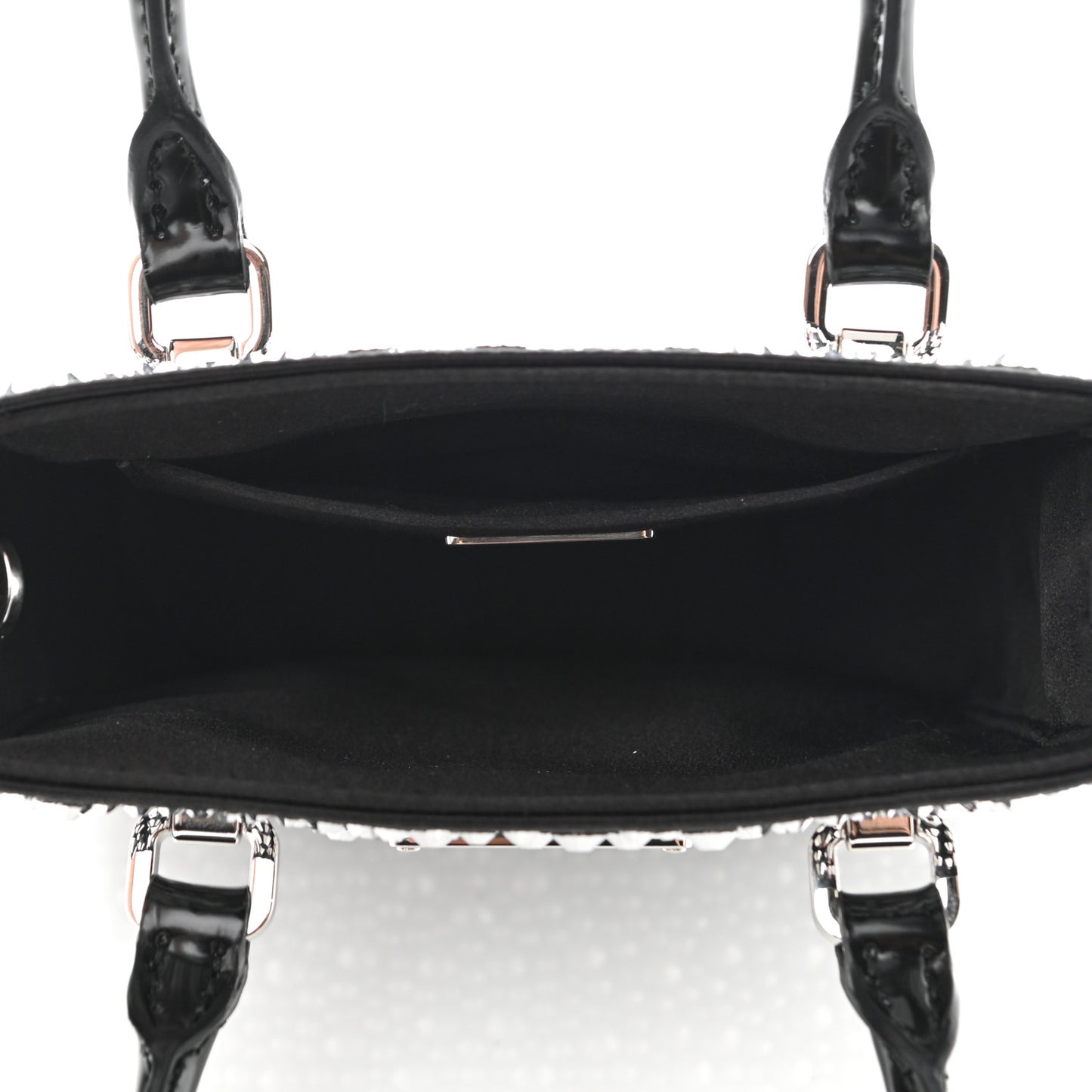 Satin Crystal Metal Triangle Logo Small Double Handle Crossbody Tote Metal