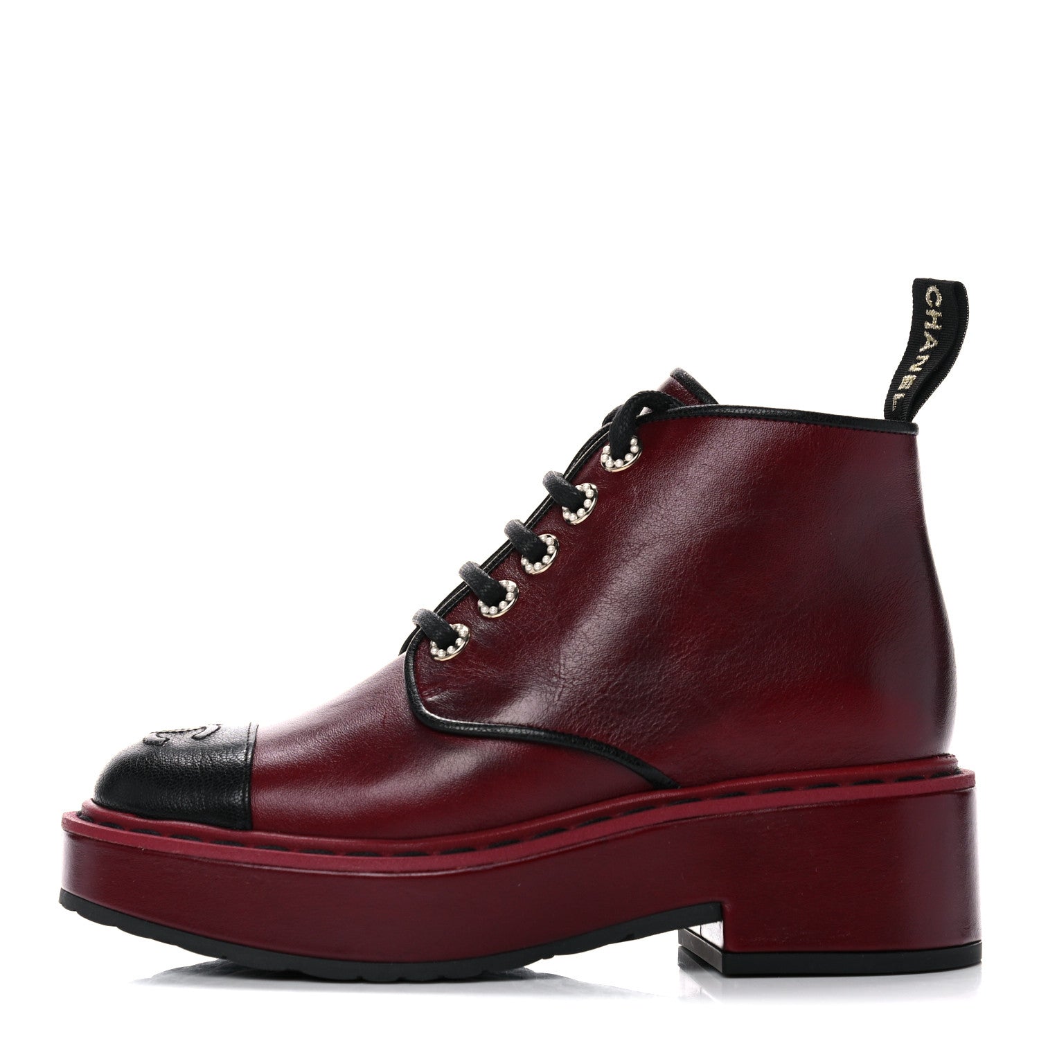 Chanel Shiny Calfskin Pearl Lace Up Combat Short Boots 35 Burgundy Black 1 of 13